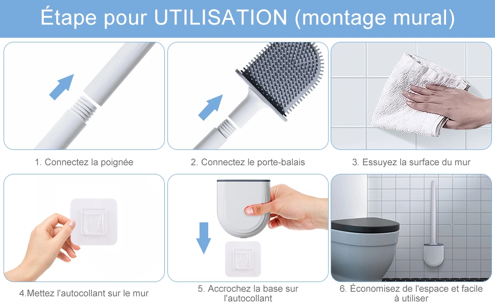 3en1 Brosse de Toilette en Silicone avec Support Mural Hygiénique et Moderne