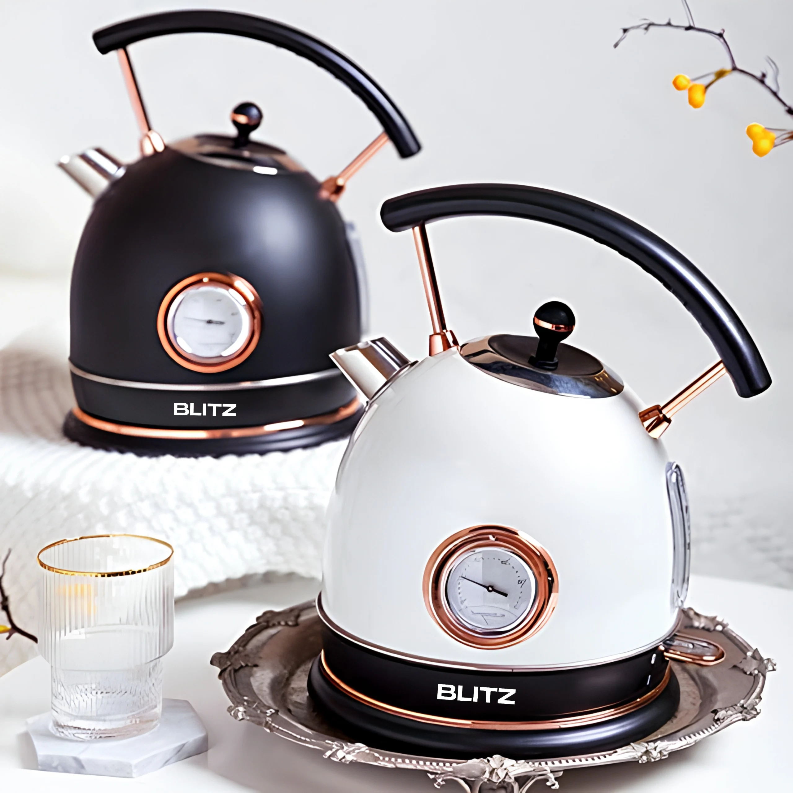 Blitz® -  3en1 Bouilloire Électrique Rétro 1,8L 1500W en INOX avec Thermostat Intelligent et Lumière LED chic