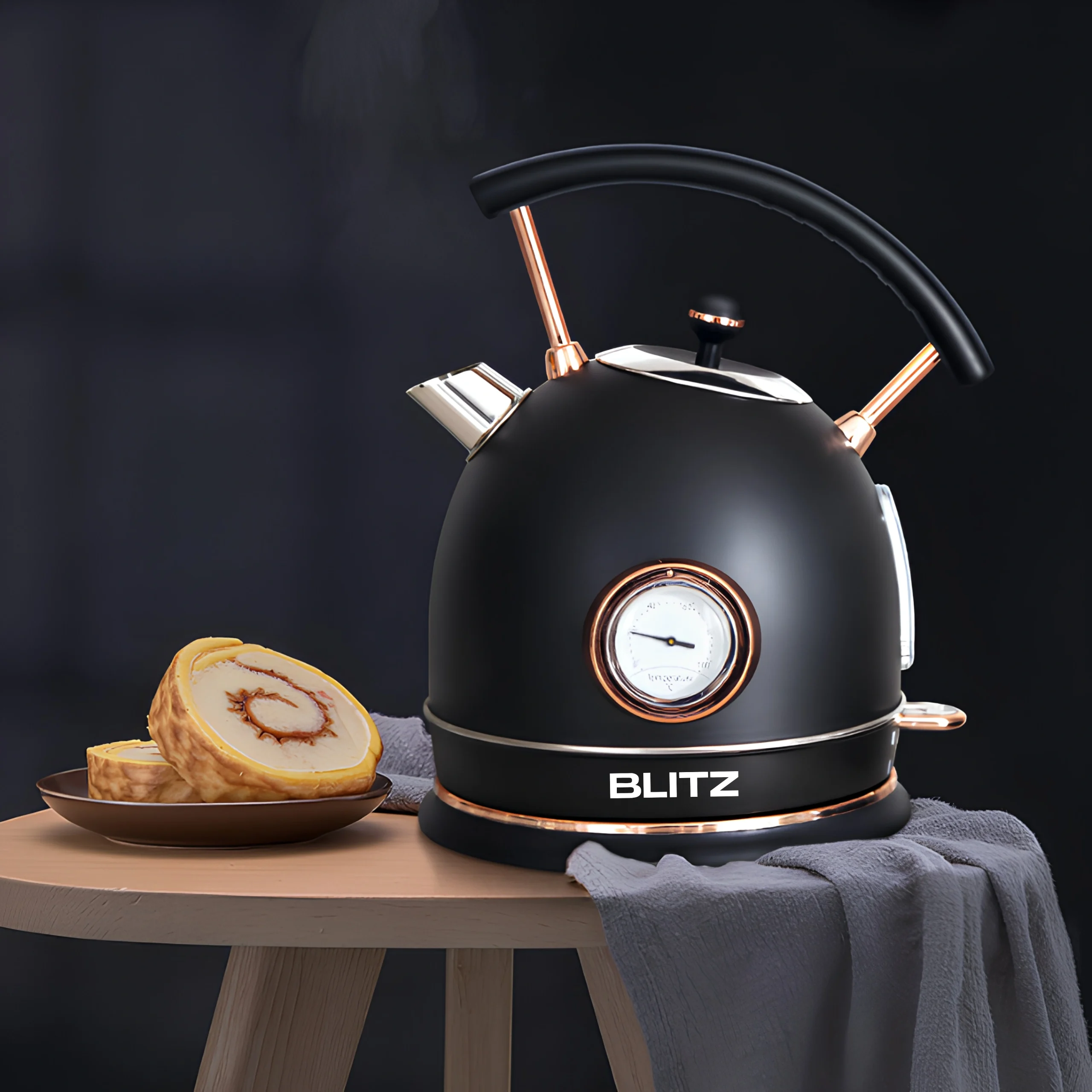 Blitz® -  3en1 Bouilloire Électrique Rétro 1,8L 1500W en INOX avec Thermostat Intelligent et Lumière LED chic