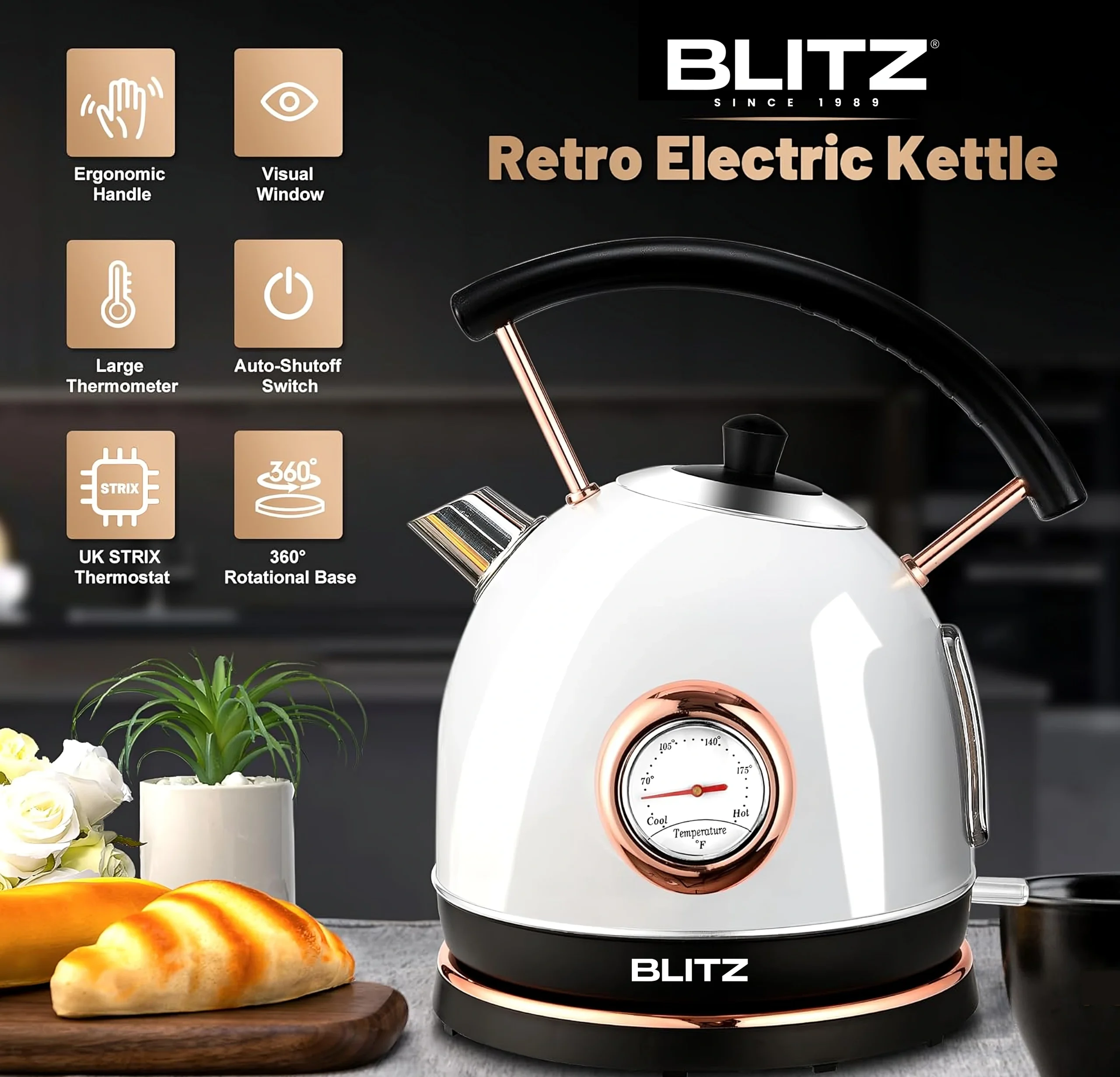 Blitz® –  3en1 Bouilloire Électrique Blanc Rétro 1,8L 1500W en Acier Inoxydable avec Thermostat Intelligent et Lumière LED chic