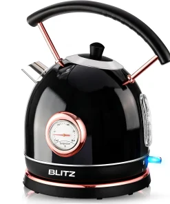 Blitz® -  3en1 Bouilloire Électrique Noir Rétro 1,8L 1500W en Acier Inoxydable avec Thermostat Intelligent et Lumière LED chic