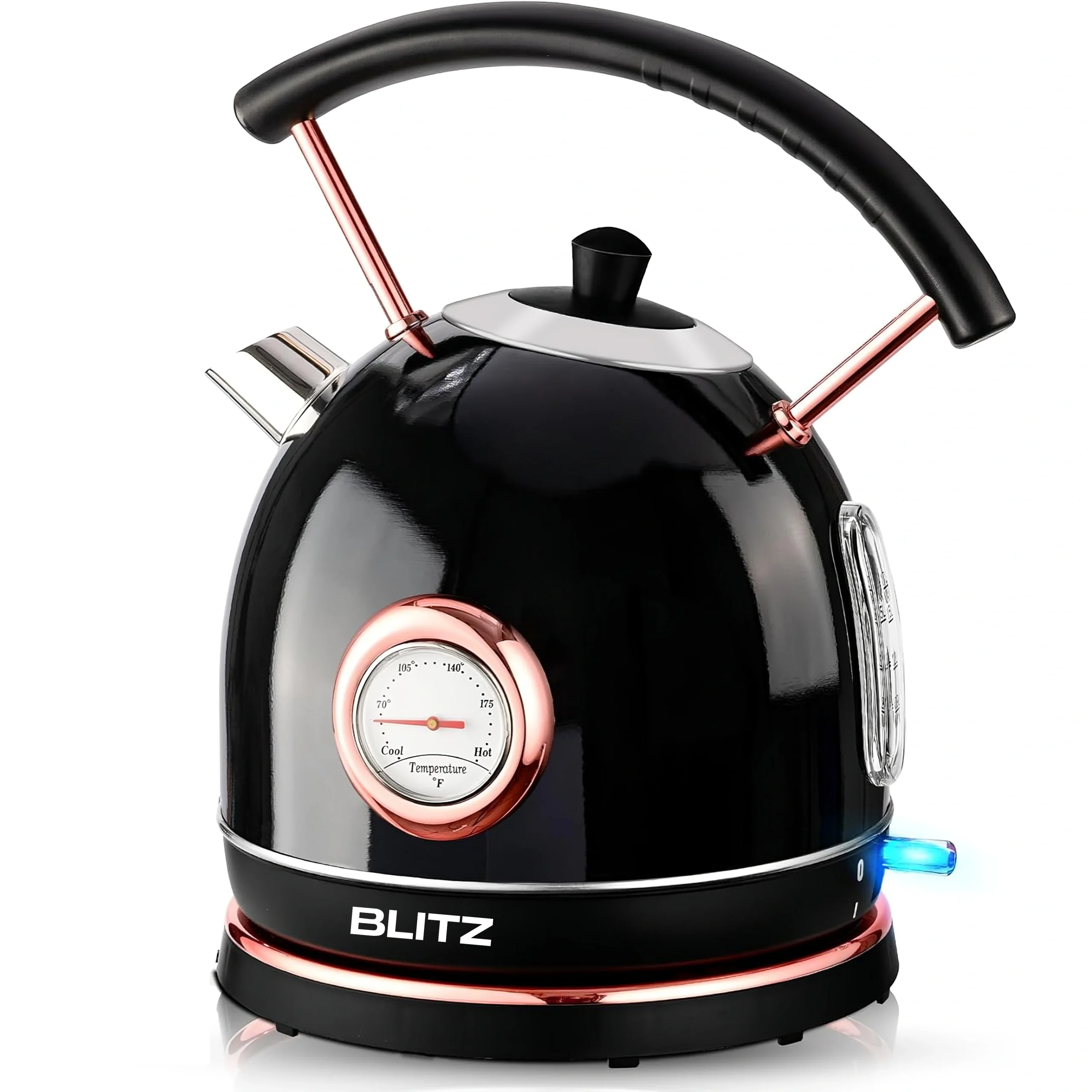 Blitz® -  3en1 Bouilloire Électrique Noir Rétro 1,8L 1500W en Acier Inoxydable avec Thermostat Intelligent et Lumière LED chic