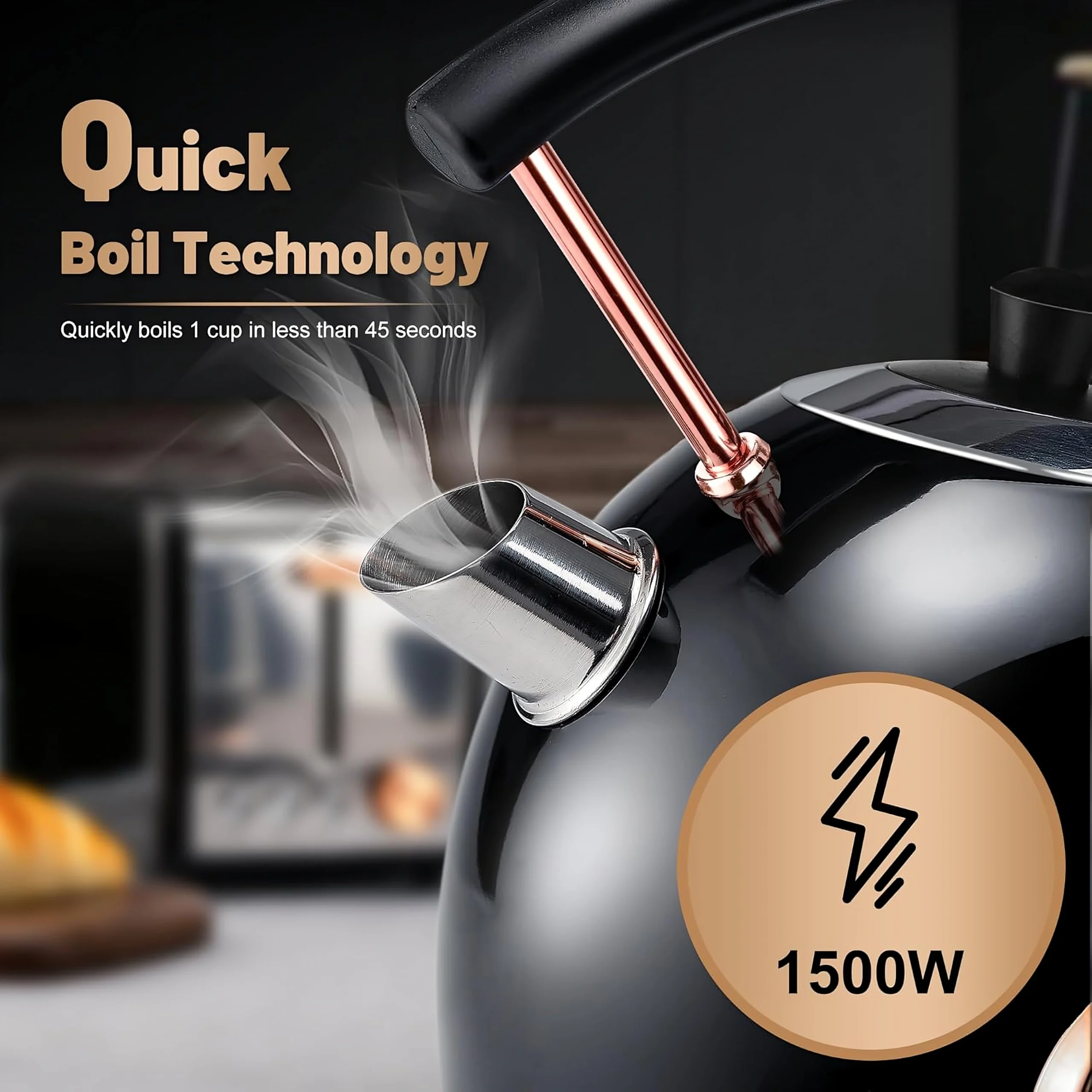 Blitz® –  3en1 Bouilloire Électrique Noir Rétro 1,8L 1500W en Acier Inoxydable avec Thermostat Intelligent et Lumière LED chic