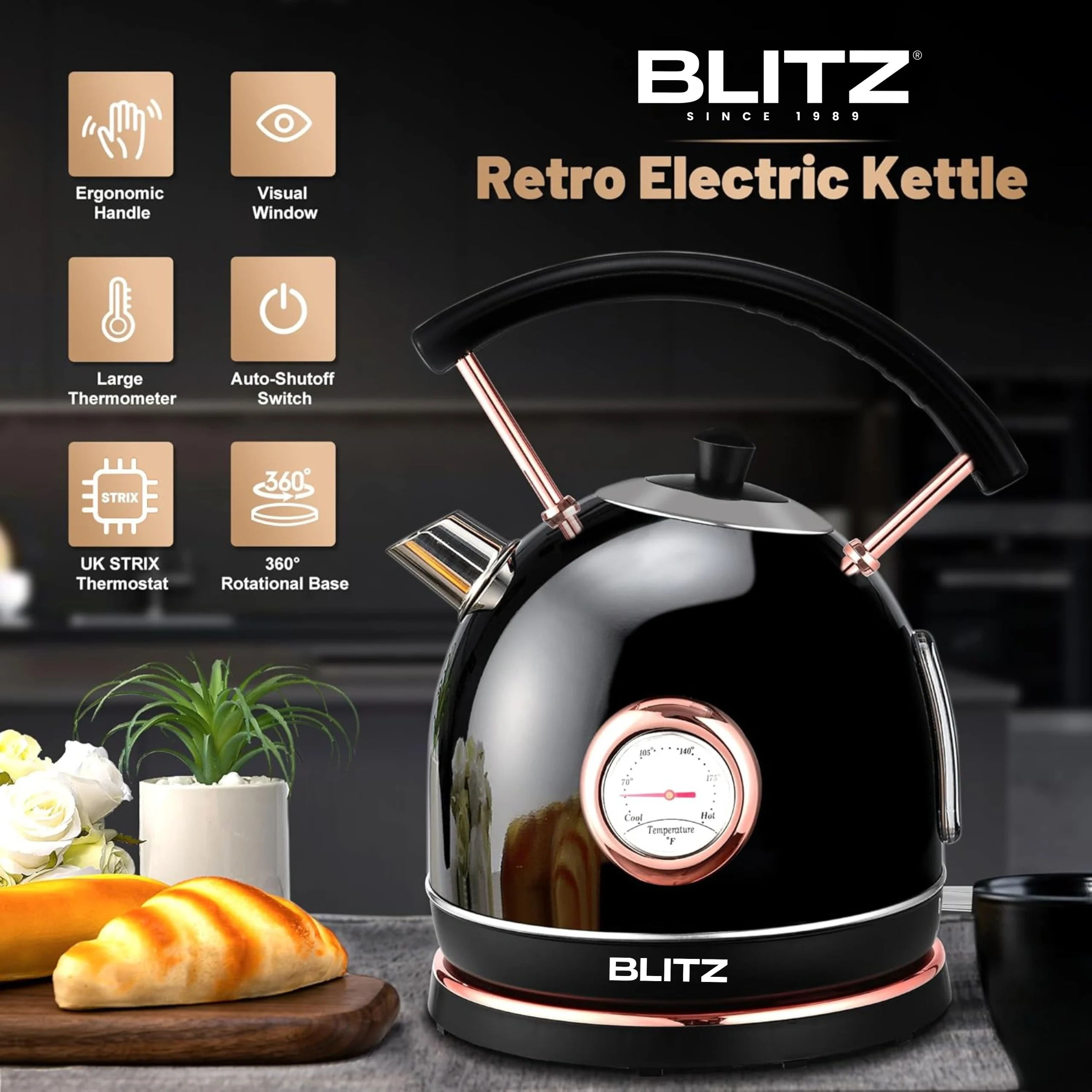 Blitz® –  3en1 Bouilloire Électrique Noir Rétro 1,8L 1500W en INOX avec Thermostat Intelligent et Lumière LED chic