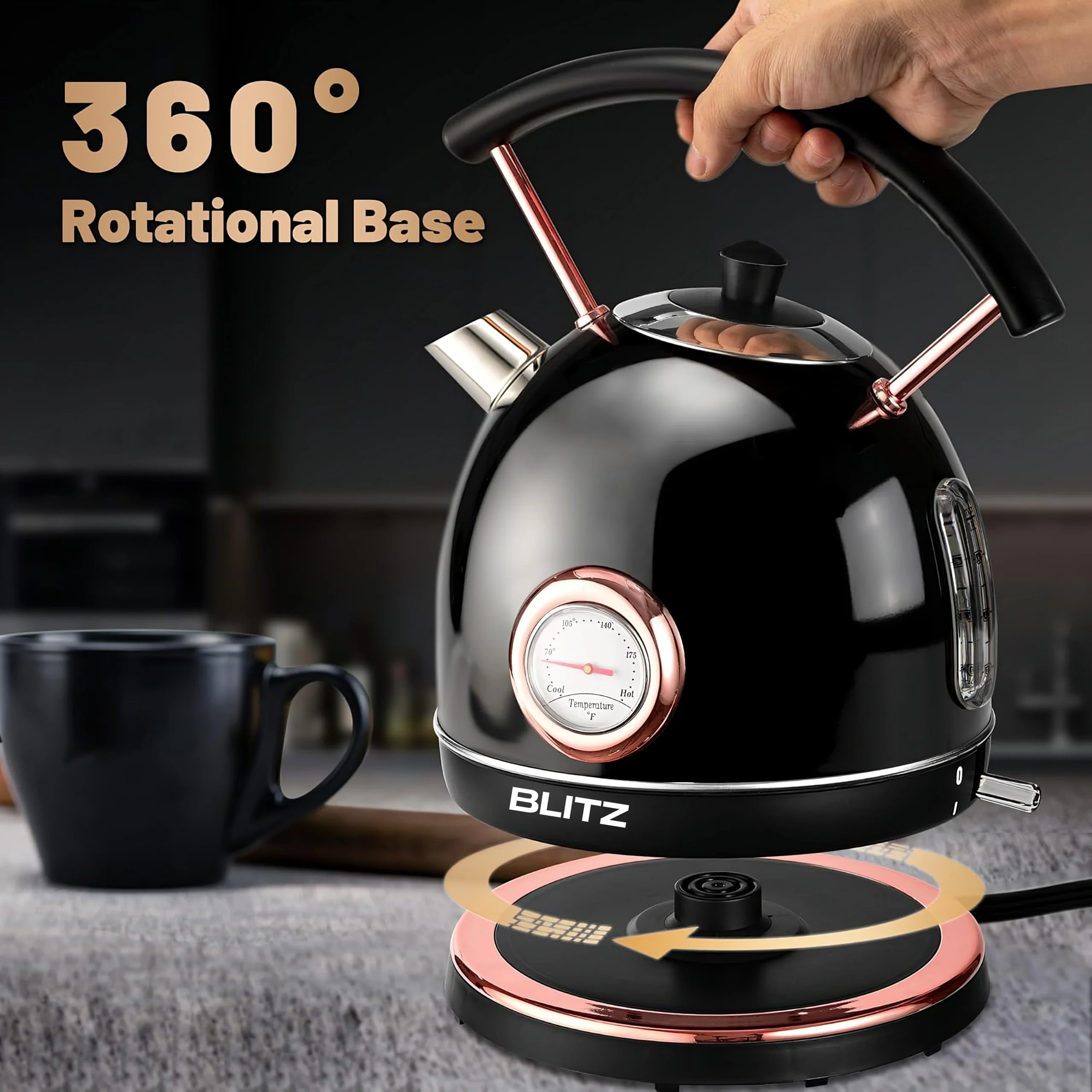 Blitz® –  3en1 Bouilloire Électrique Noir Rétro 1,8L 1500W en INOX avec Thermostat Intelligent et Lumière LED chic