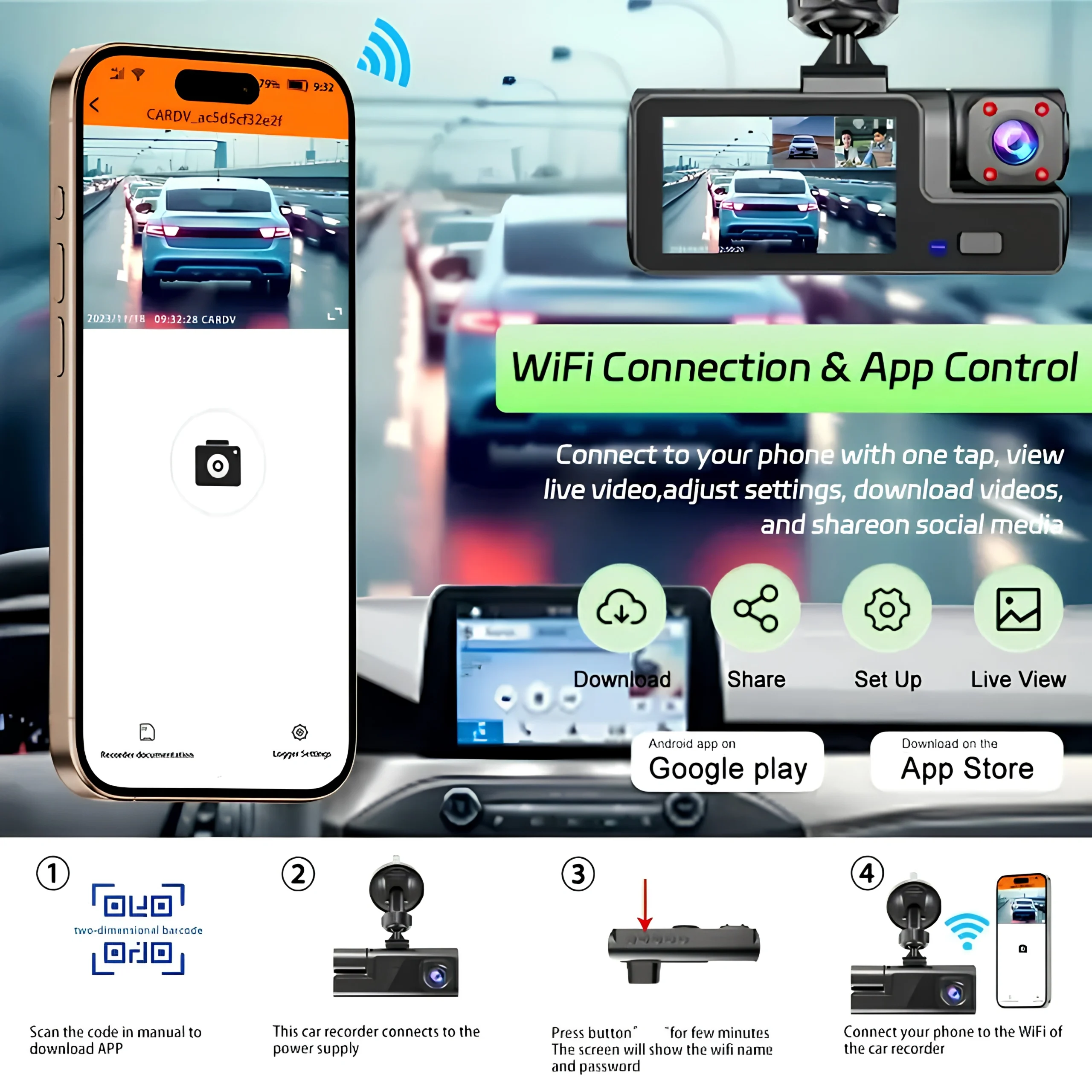 3en1 Caméra de Voiture WiFi à 3 Canaux HD 1296P Avant/Arrière/Intérieur Avec Vision Nocturne IR