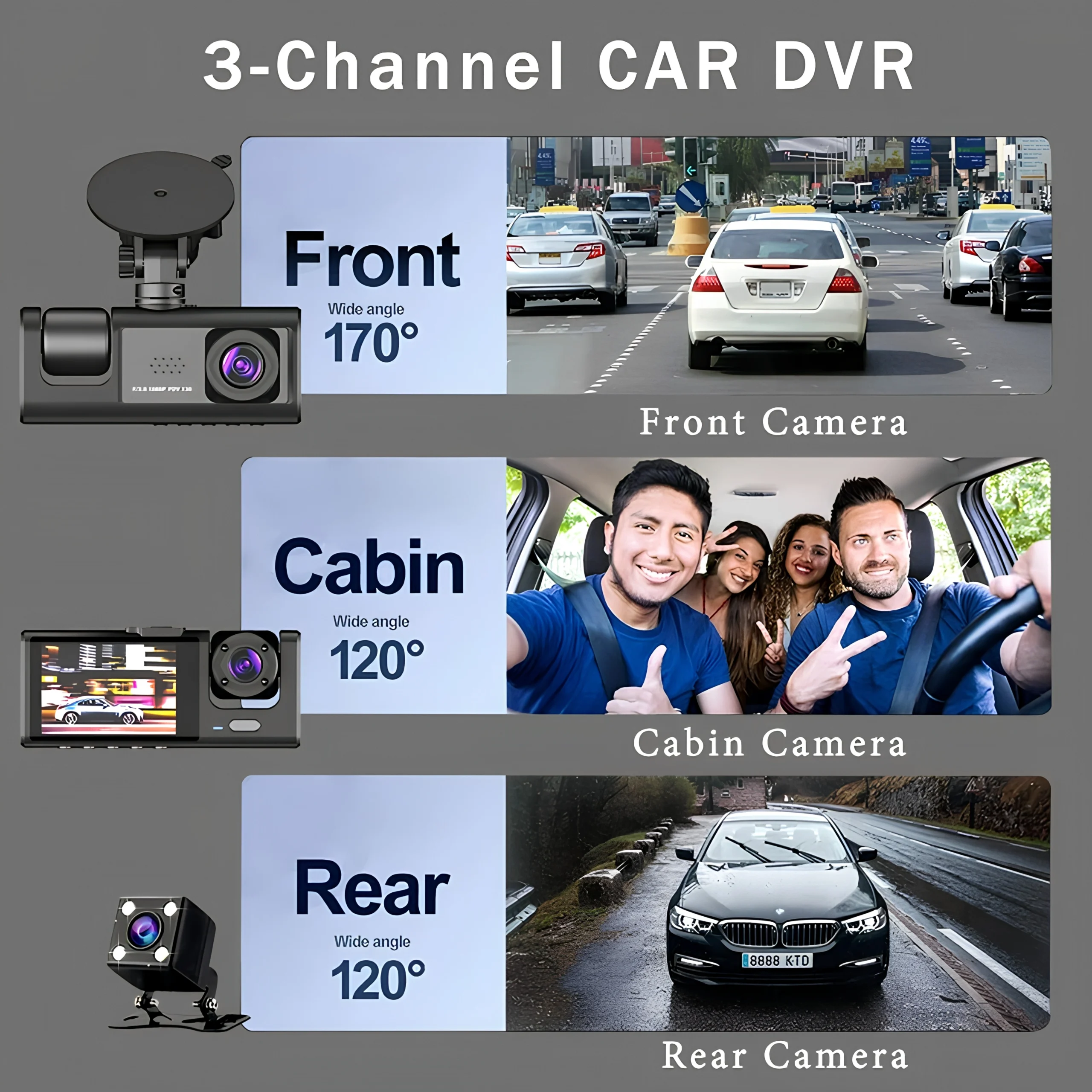 3en1 Caméra de Voiture à 3 Canaux HD 1296P Avant/Arrière/Intérieur Avec Vision Nocturne IR avec wifi controle a distance