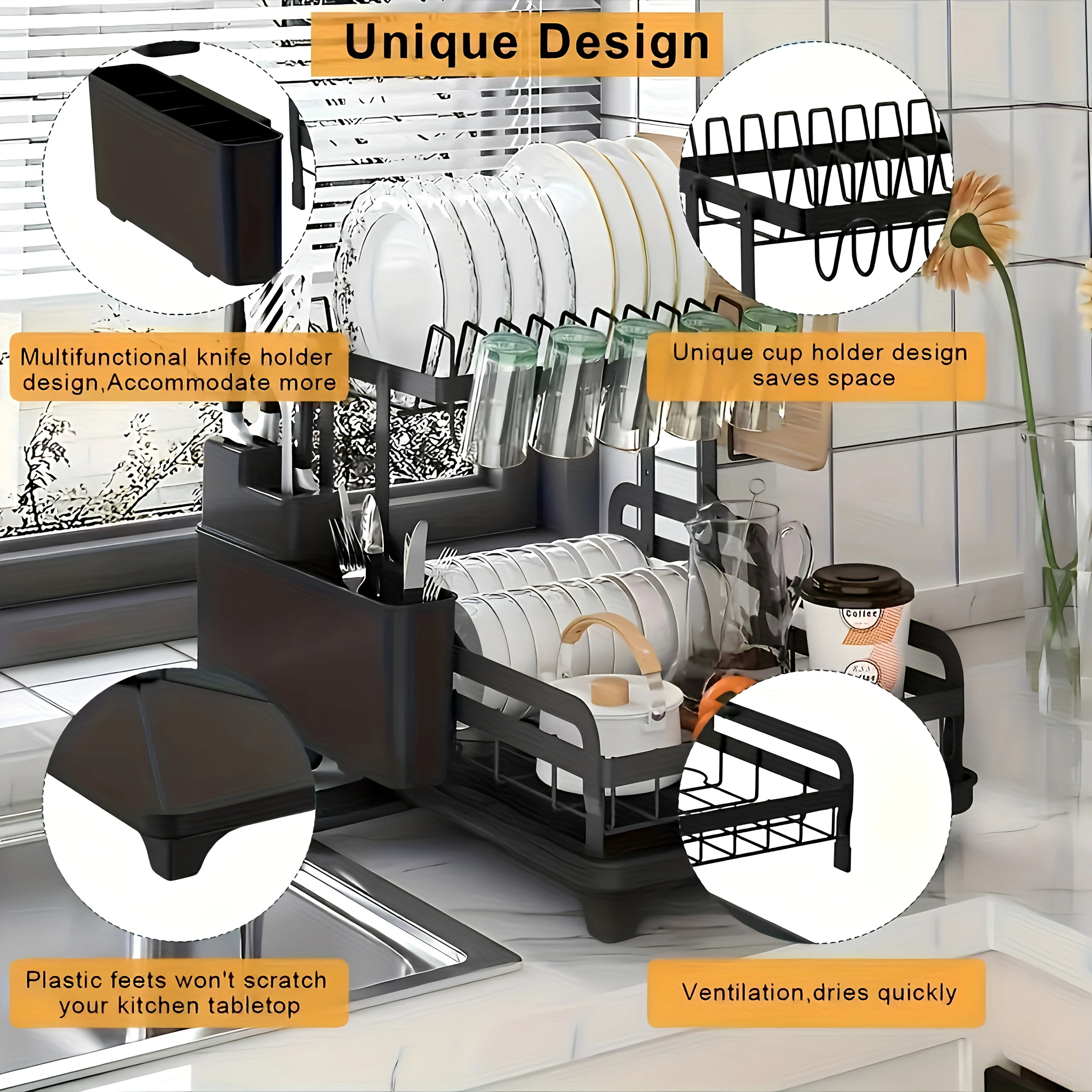 5en1 Égouttoir à Vaisselle 2 Niveaux Pliable en Acier Inoxydable avec Plateau D'égouttement