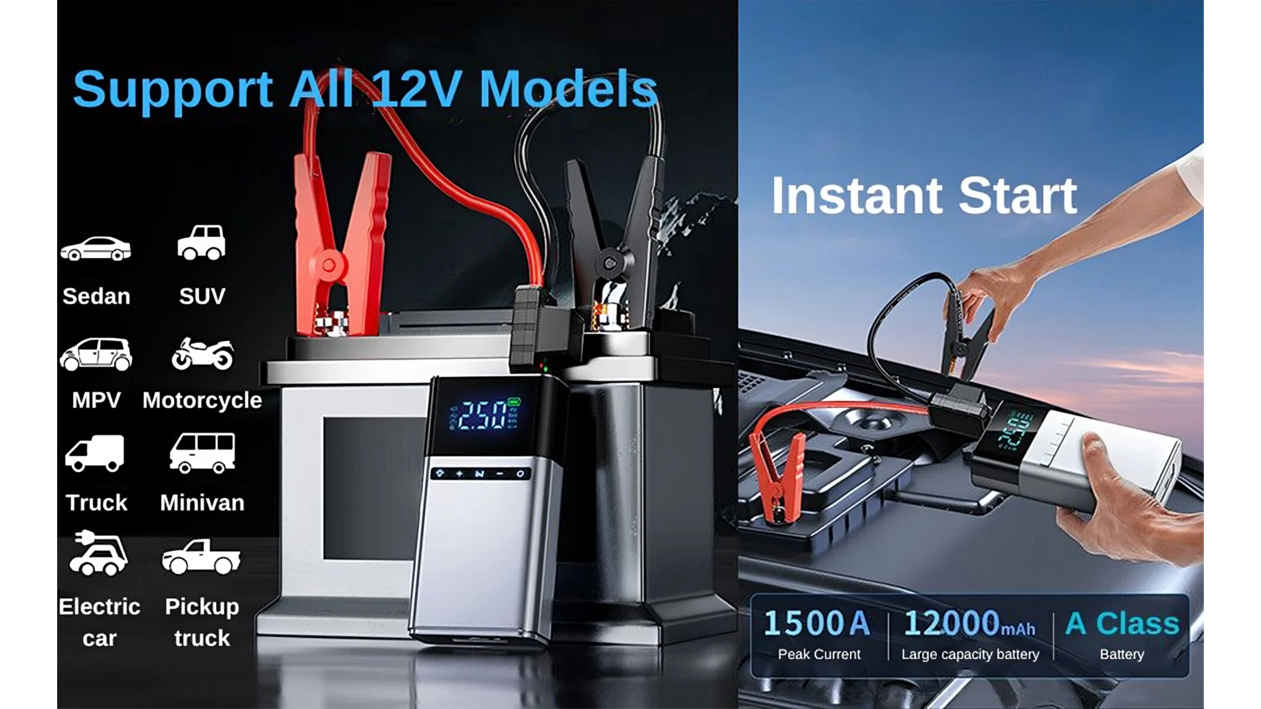 4en1 Démarreur de voiture , Pompe à Air Boîte 2000 A 12 V et chargeur portable LED pour moteurs à essence jusqu'à 8 litres et diesel de 6 litres