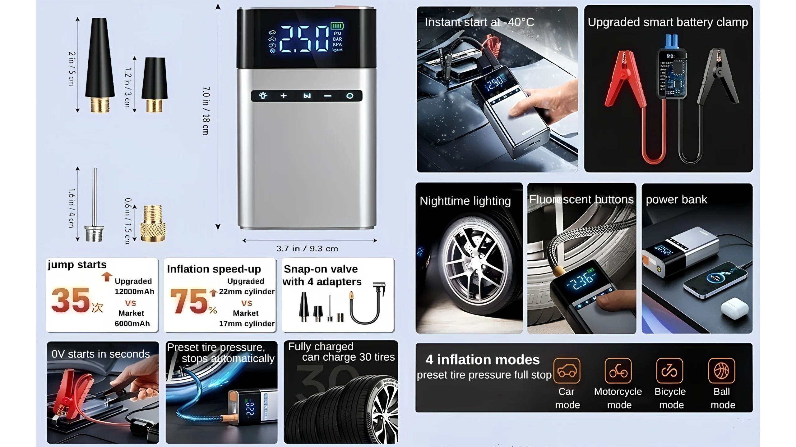 4en1 Démarreur de voiture , Pompe à Air Boîte 2000 A 12 V et chargeur portable LED pour moteurs à essence jusqu'à 8 litres et diesel de 6 litres