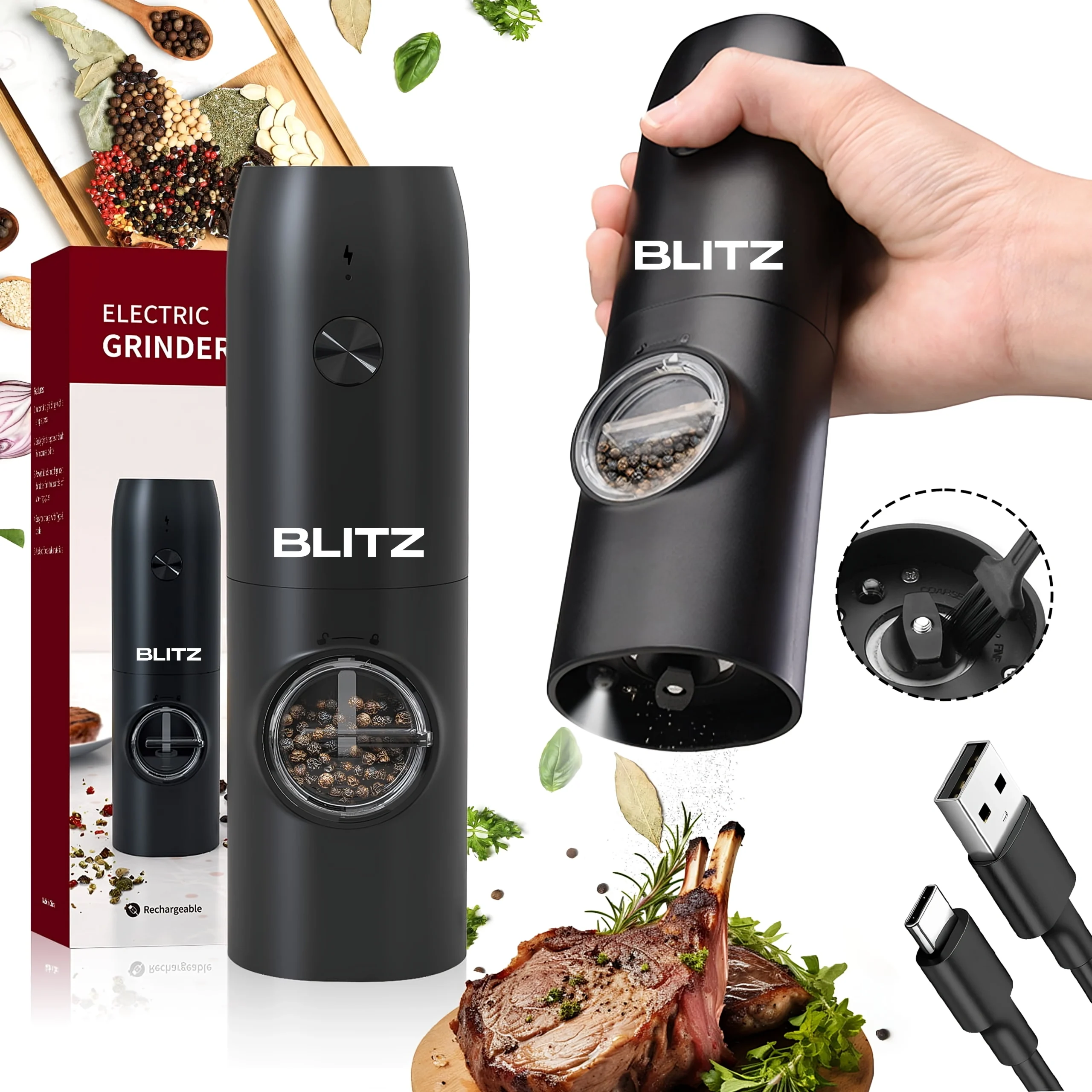 Blitz® - 5en1 Moulin à Épices Électrique Multifonction Rechargeable avec Lumière LED (2 pcs)