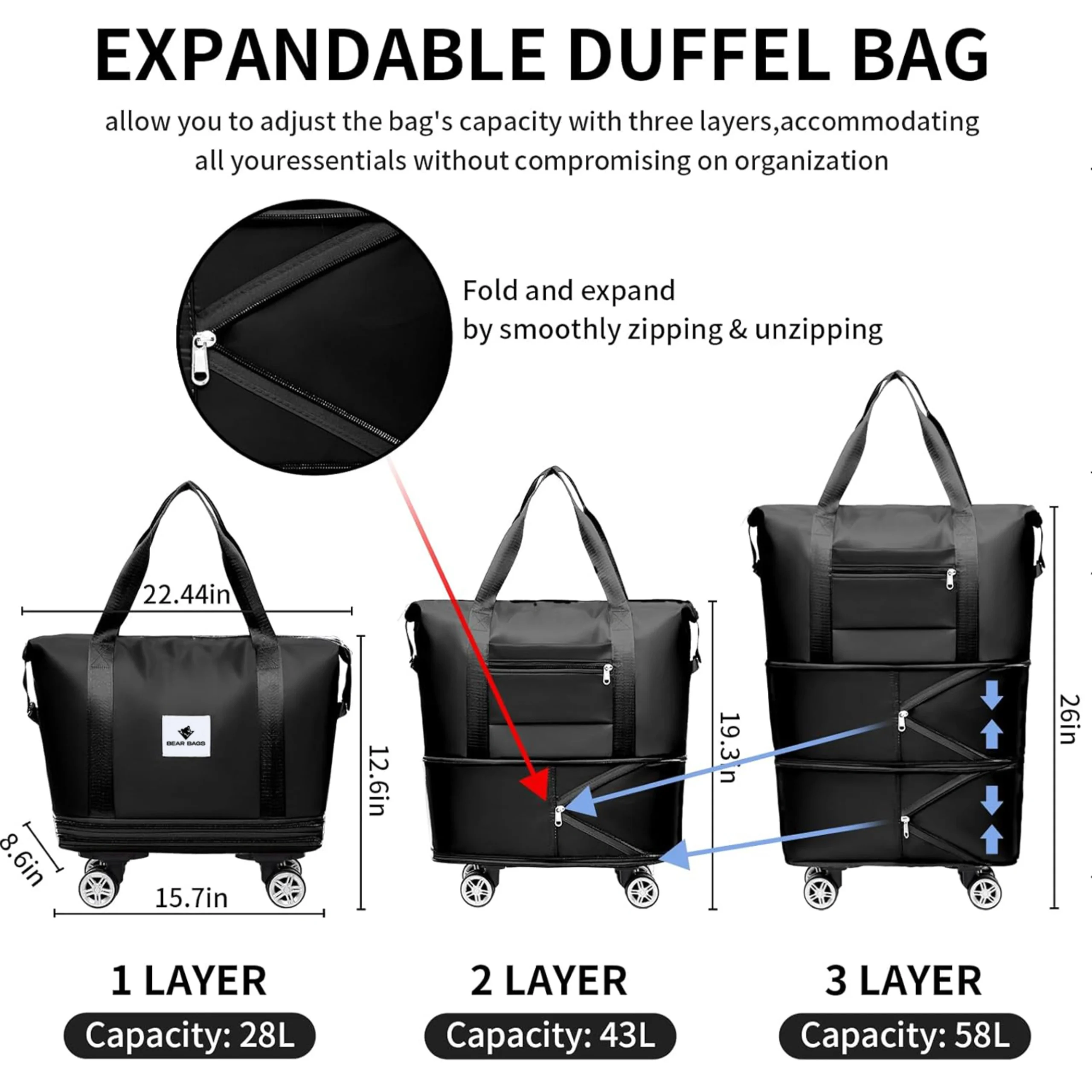 Converta BearBags® – 4en1 Sac De Voyage À Roulettes amovibles Unisexe Ultra-Léger Et Extensible Imperméable