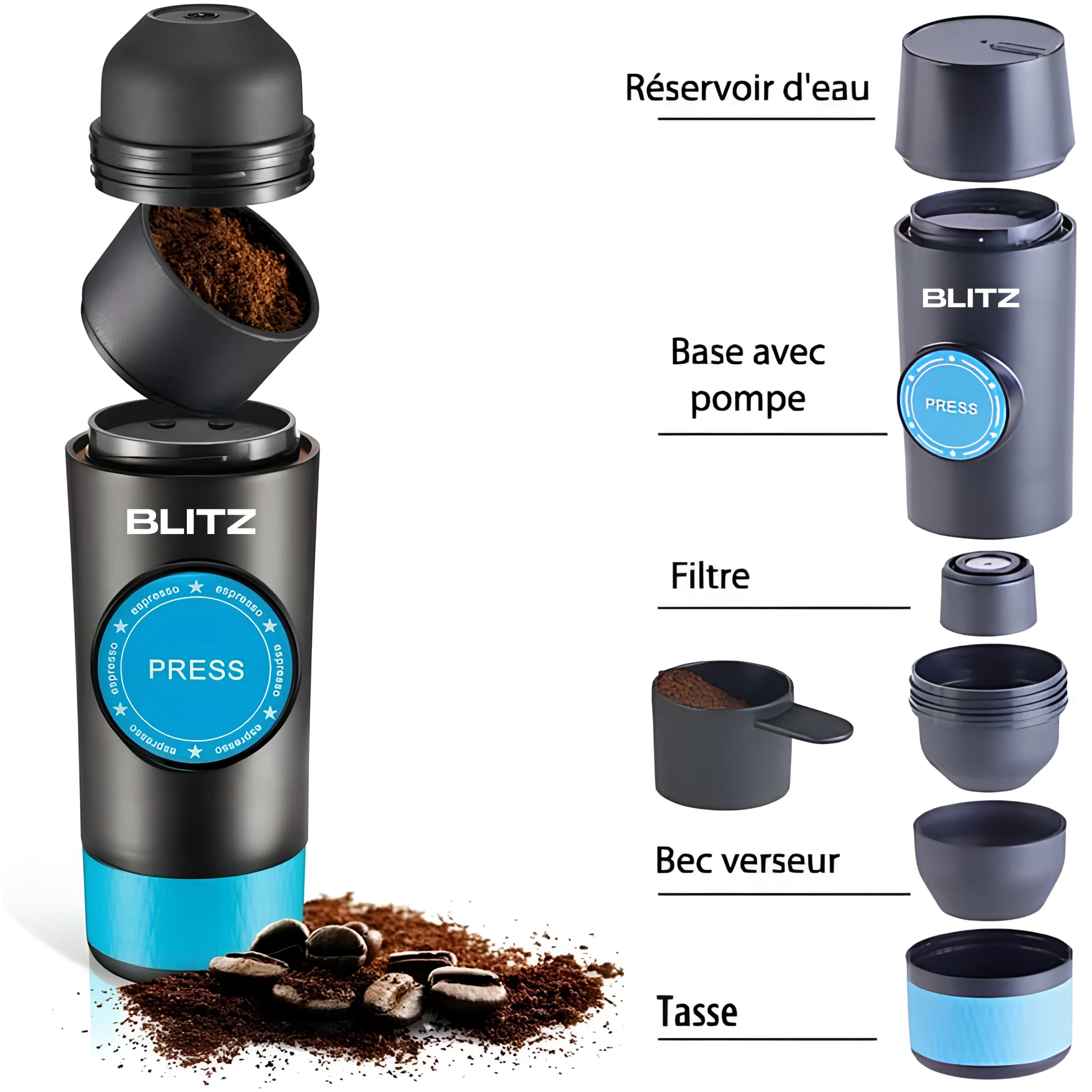 BLITZ – 4en1 Machine à café expresso Rechargeable portable sans fil avec bac à poudre/capsule brassage automatique, batterie 8h