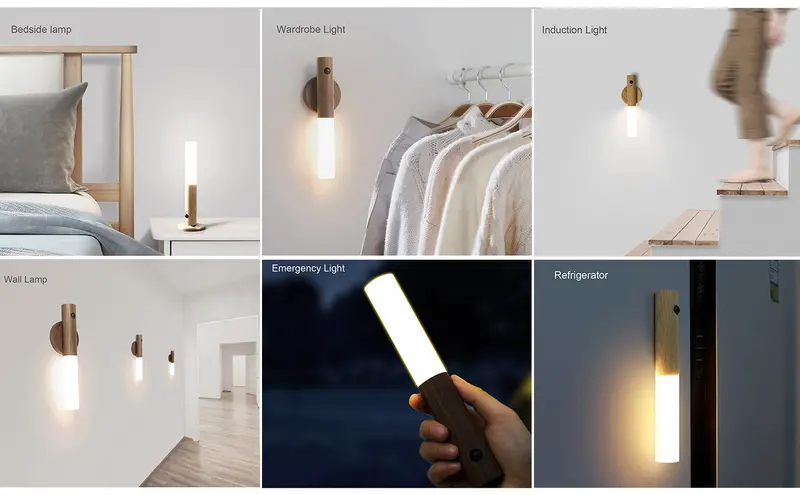 3en1 Veilleuse Murale LED en Bois Magnétique Sans Fil et Rechargeable avec Détecteur de Mouvement