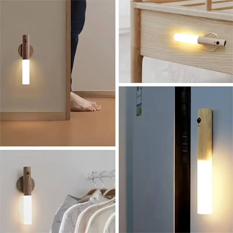 3en1 Veilleuse Murale LED en Bois Magnétique Sans Fil et Rechargeable avec Détecteur de Mouvement