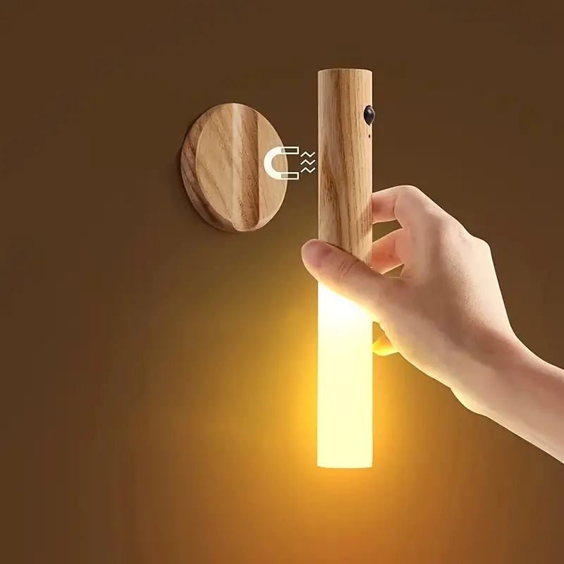 3en1 Veilleuse Murale LED en Bois Magnétique Sans Fil et Rechargeable avec Détecteur de Mouvement