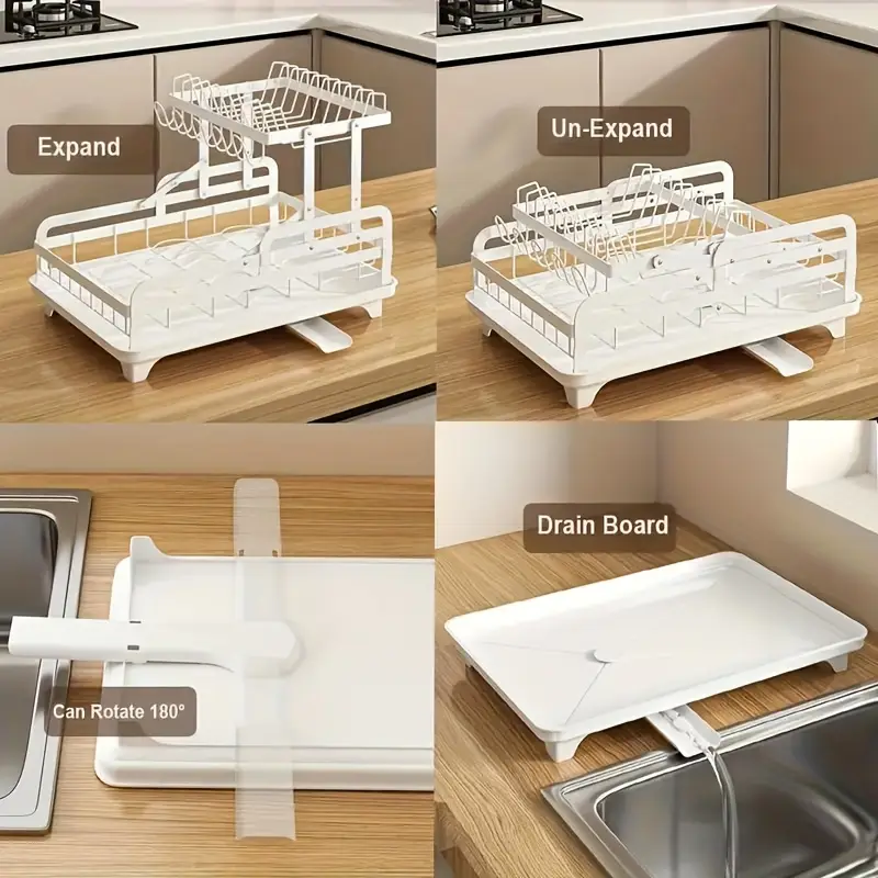 5 en 1 Égouttoir à Vaisselle 2 Niveaux Pliable en Acier Inoxydable avec Plateau D'égouttement