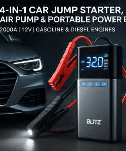 Blitz® - 4En1 Démarreur de voiture, Pompe à Air Boîte 2000 A 12 V chargeur portable LED essence diesel