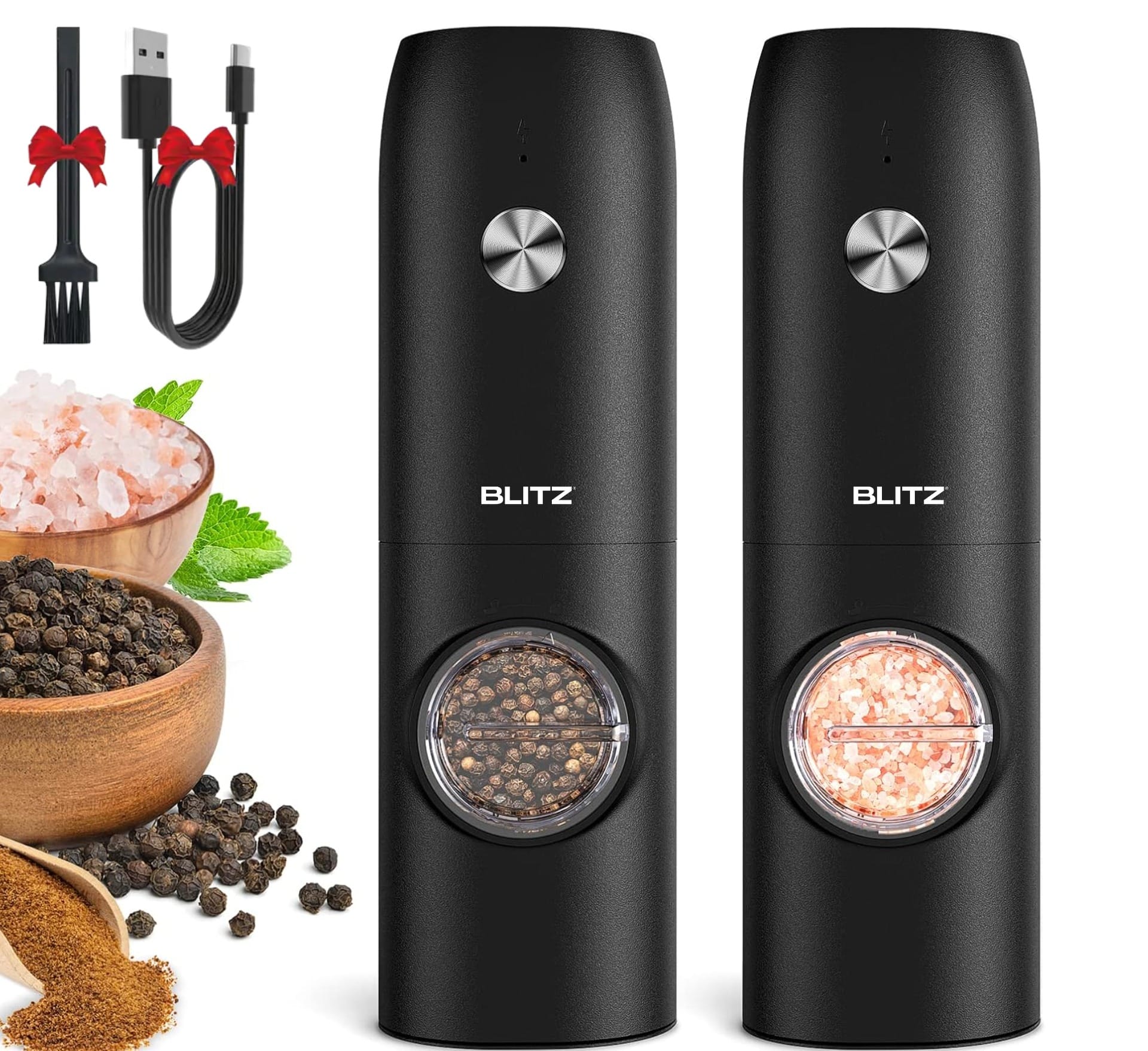 Blitz® - 5en1 Moulin à Épices Électrique Multifonction Rechargeable avec Lumière LED (2 pcs)