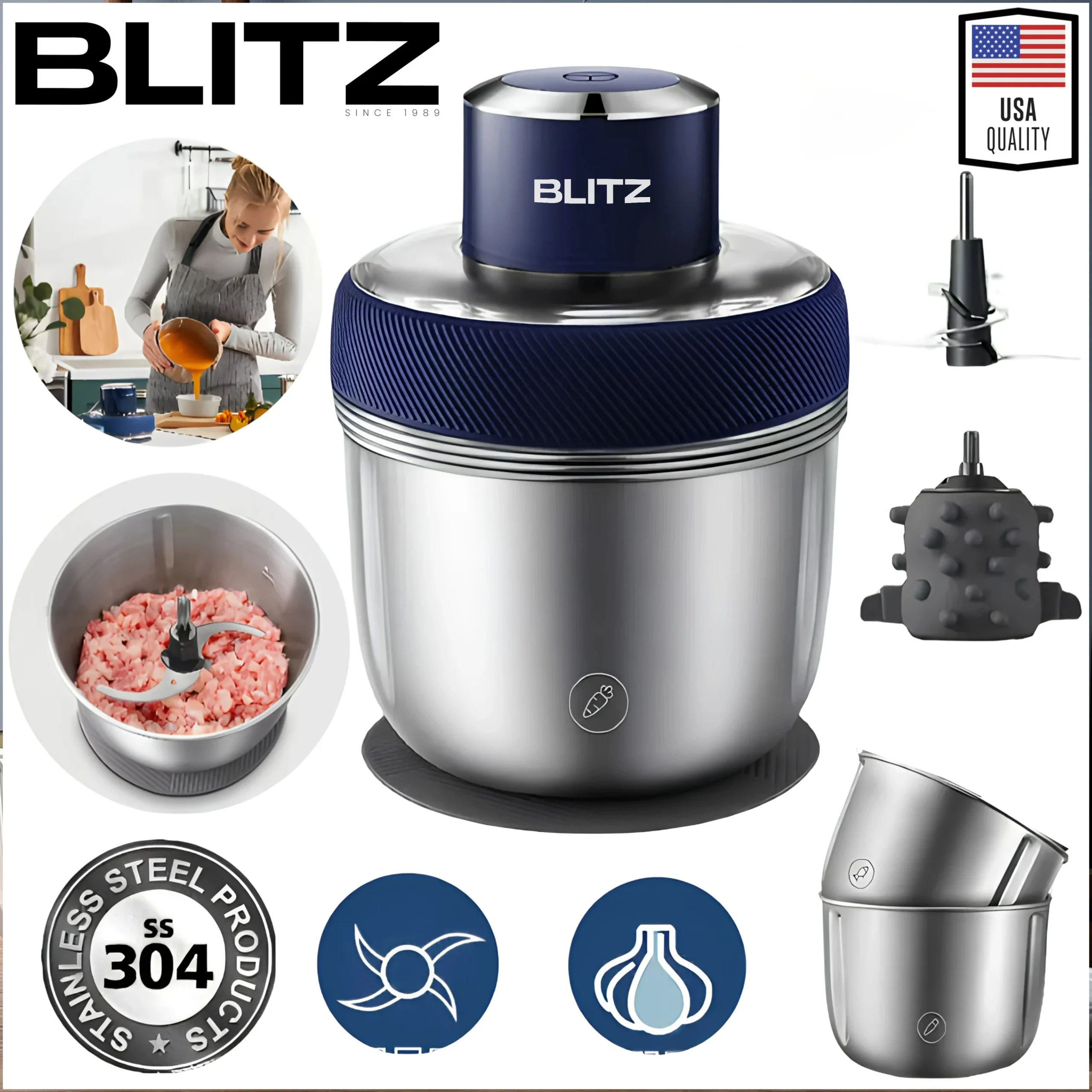 Blitz - 4 En 1 Hachoir Électrique Multifonction avec 2 Bols en Acier Inoxydable et éplucheur ail