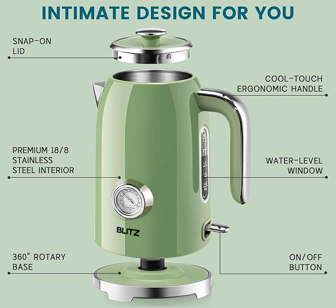 Blitz® - Bouilloire Électrique Rétro En Acier Inoxydable À Ébullition Rapide De 2200 W Et Capacité De 1,7L (Vert Vintage)