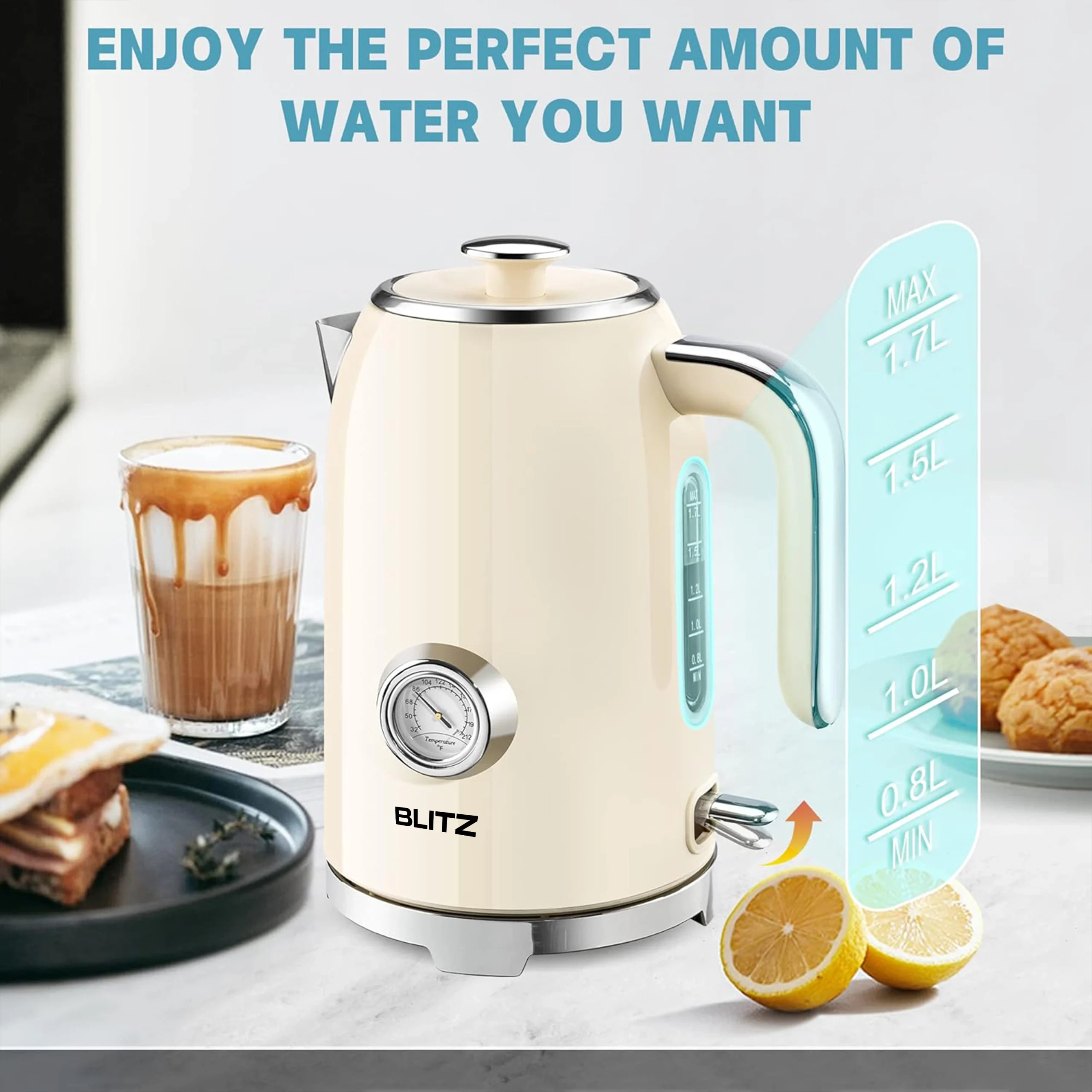 Blitz® - Bouilloire Électrique Rétro En Acier Inoxydable À Ébullition Rapide De 2200 W Et Capacité De 1,7L (Crème Vintage)
