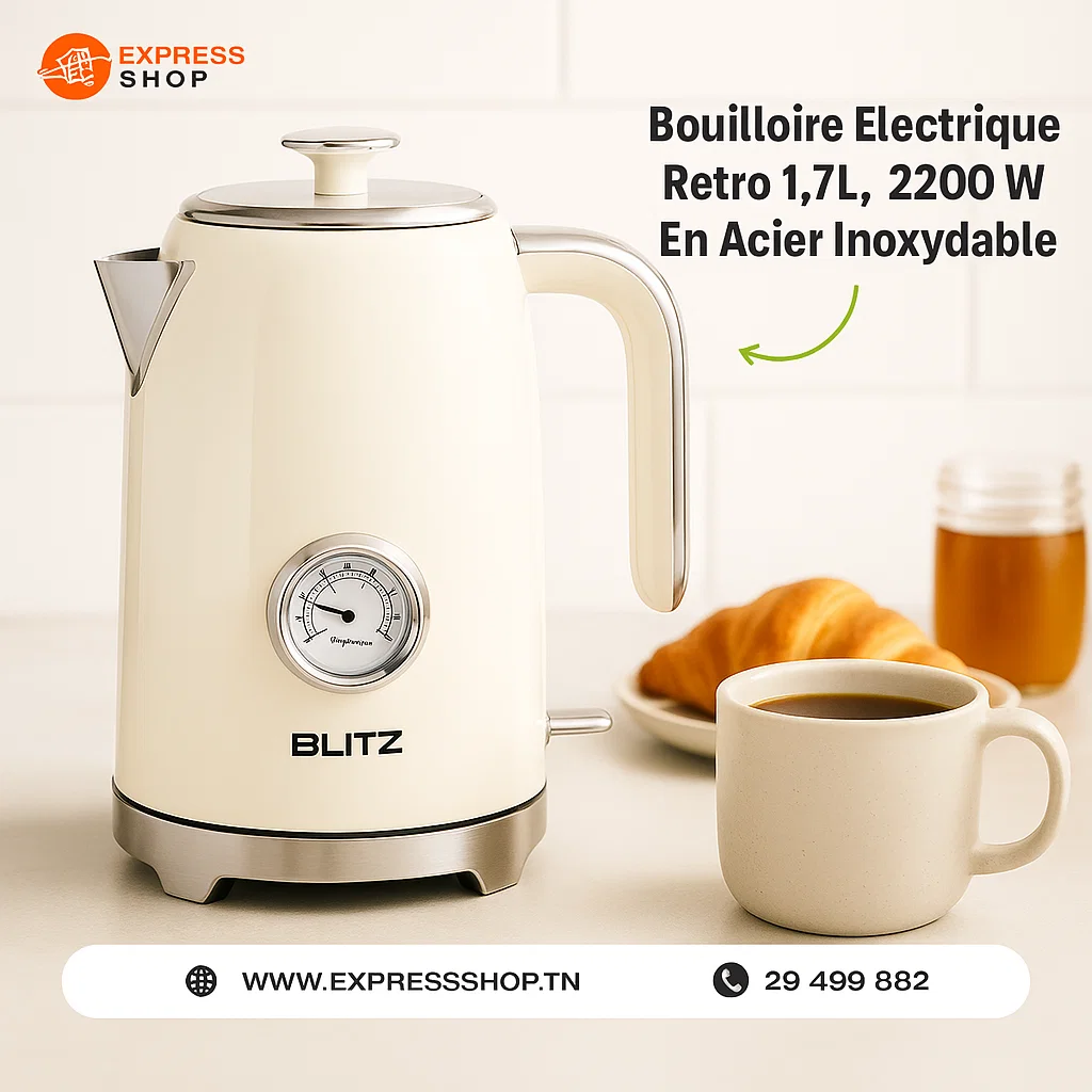 Blitz® - Bouilloire Électrique Rétro En Acier Inoxydable À Ébullition Rapide De 2200 W Et Capacité De 1,7L (Crème Vintage)