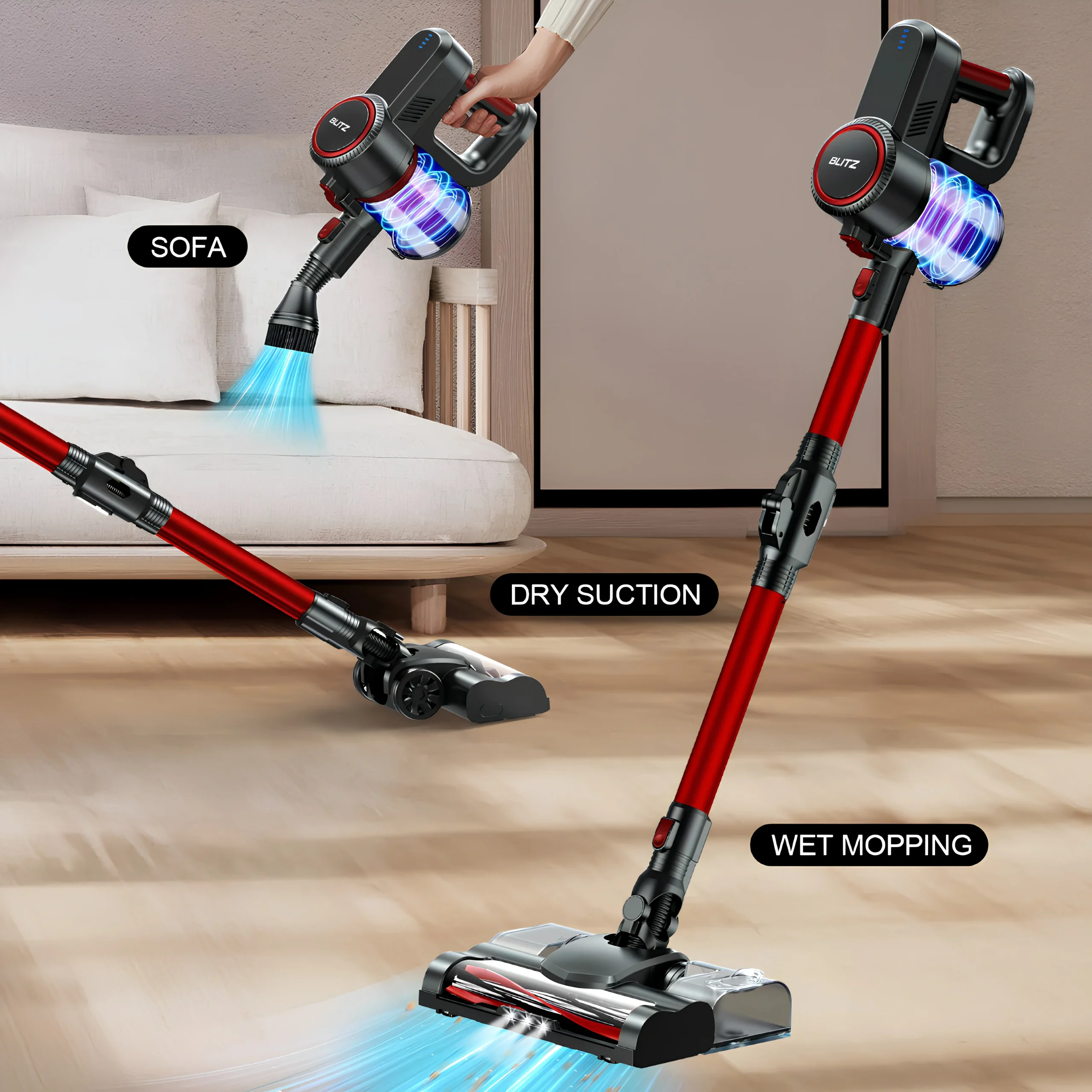 Blitz® - 5 En 1 Aspirateur Balai Sans Fil Puissant 30Kpa Léger Et Silencieux Avec Eclairage LED