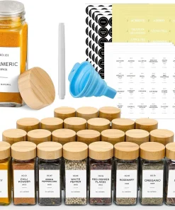 Set de 24 Pots à Épices en Verre avec Couvercles Bambou Pour Rangement Élégant Et Hermétique