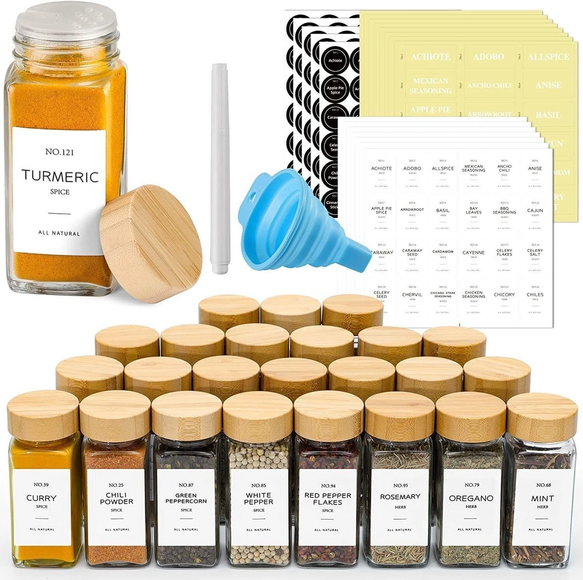 Set de 24 Pots à Épices en Verre avec Couvercles Bambou Pour Rangement Élégant Et Hermétique