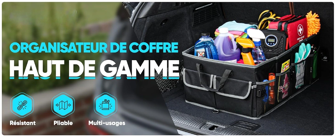 Organiseur Coffre Voiture Multifonction Pliable et Renforcé Pour Rangement Robuste Avec Poignées & Poches