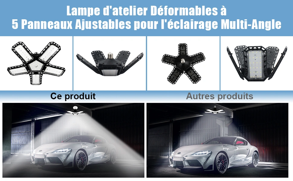 Lumière de Garage LED 5 En 1 Déformable 120W Éclairage Ultra-Lumineux avec Panneaux Réglables – E27 6500K