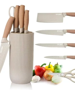 Set de 5 Couteaux de Cuisine en Acier Inoxydable avec Support | Lames Anti-Rouille Ultra-Tranchantes pour Maison et Restaurant