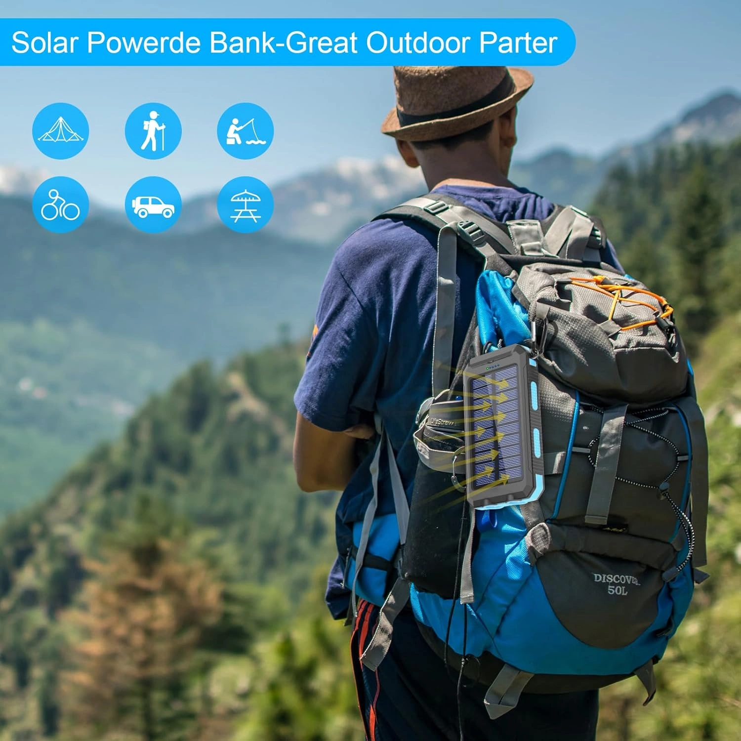 Power Bank Solaire 20000mAh Étanche Avec LED Ultra-Puissante Et 2 Ports USB Idéal Camping & Urgence