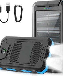 Power Bank Solaire 20000mAh Étanche Avec LED Ultra-Puissante Et 2 Ports USB  Idéal Camping & Urgence
