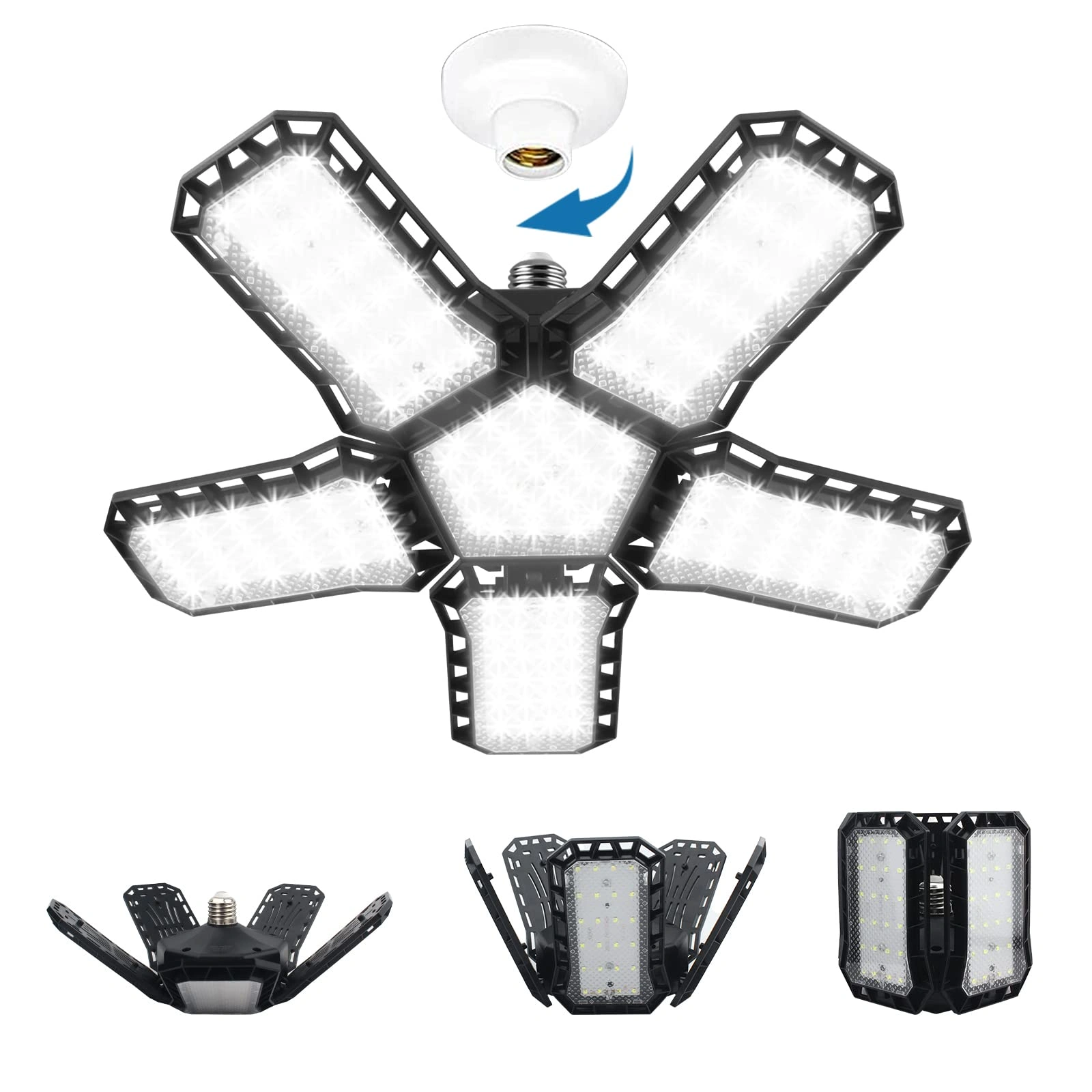 Lumière de Garage LED 5 En 1 Déformable 120W Éclairage Ultra-Lumineux avec Panneaux Réglables – E27 6500K