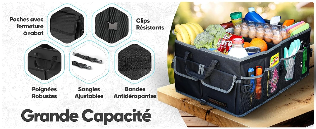 Organiseur Coffre Voiture Multifonction Pliable et Renforcé Pour Rangement Robuste Avec Poignées & Poches