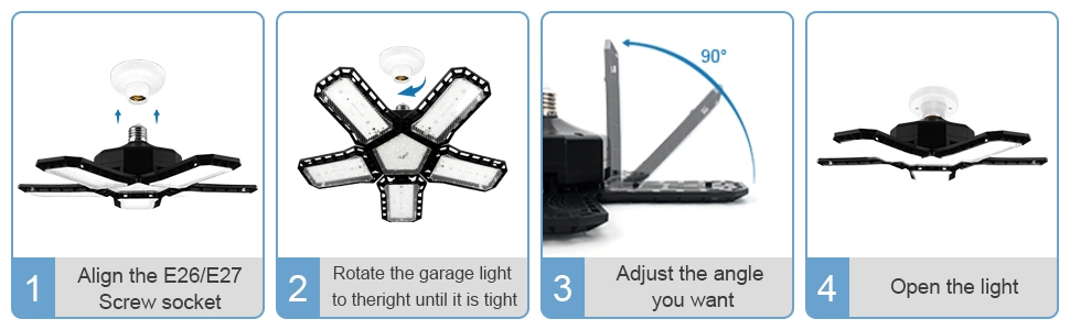 Lumière de Garage LED 5 En 1 Déformable 120W Éclairage Ultra-Lumineux avec Panneaux Réglables – E27 6500K