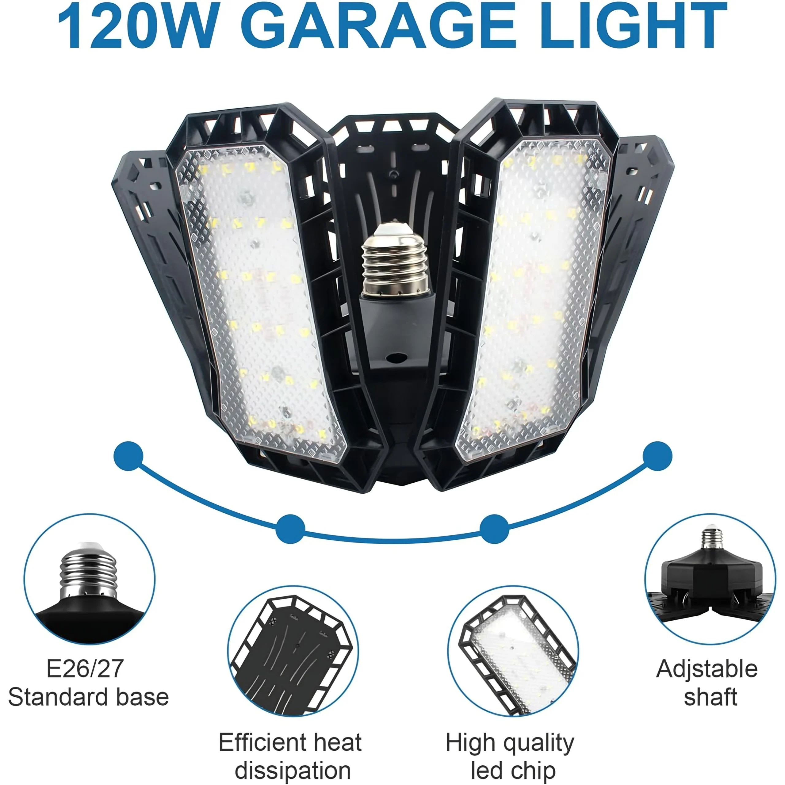 Lumière de Garage LED 5 En 1 Déformable 120W Éclairage Ultra-Lumineux avec Panneaux Réglables – E27 6500K