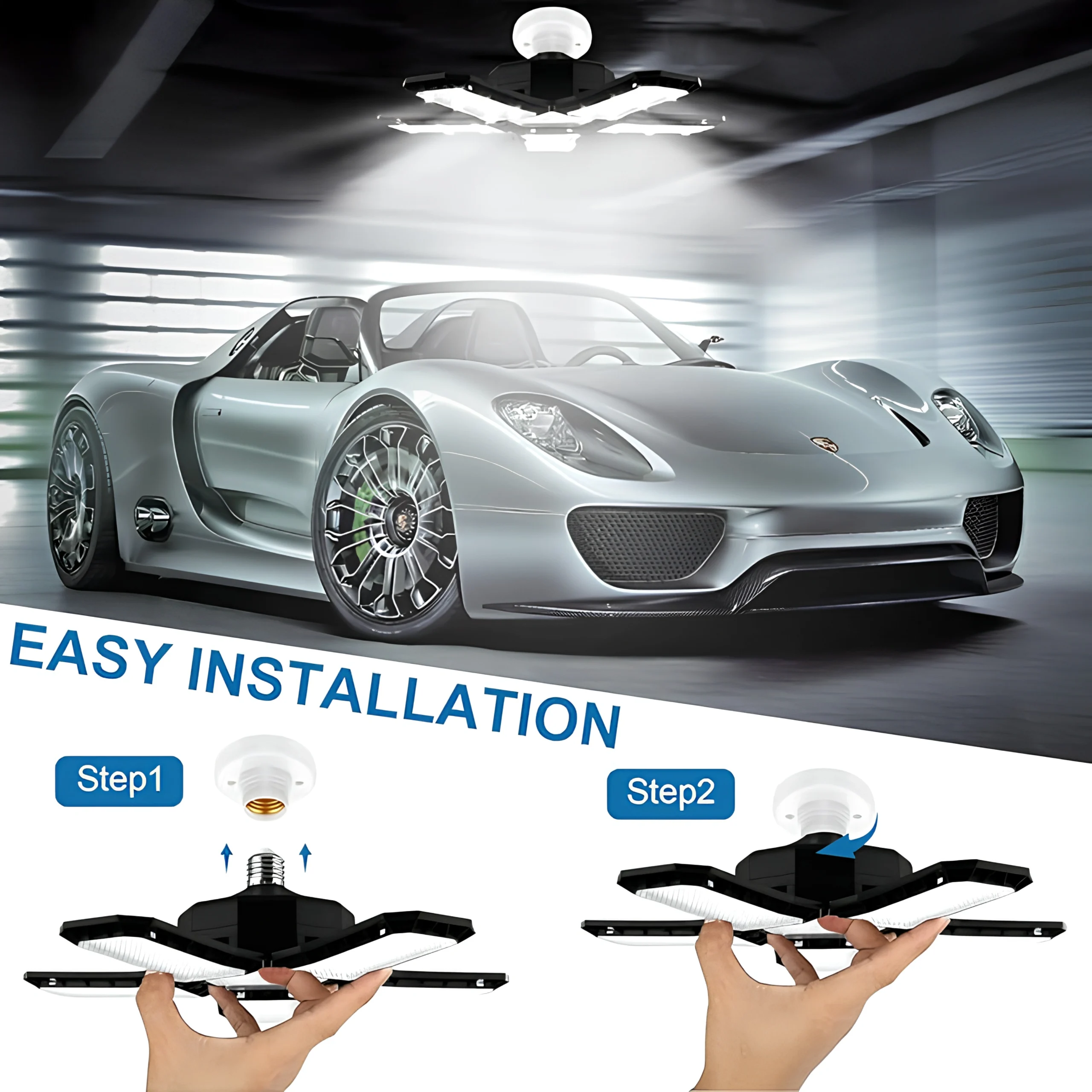 Lumière de Garage LED 5 En 1 Déformable 120W Éclairage Ultra-Lumineux avec Panneaux Réglables – E27 6500K