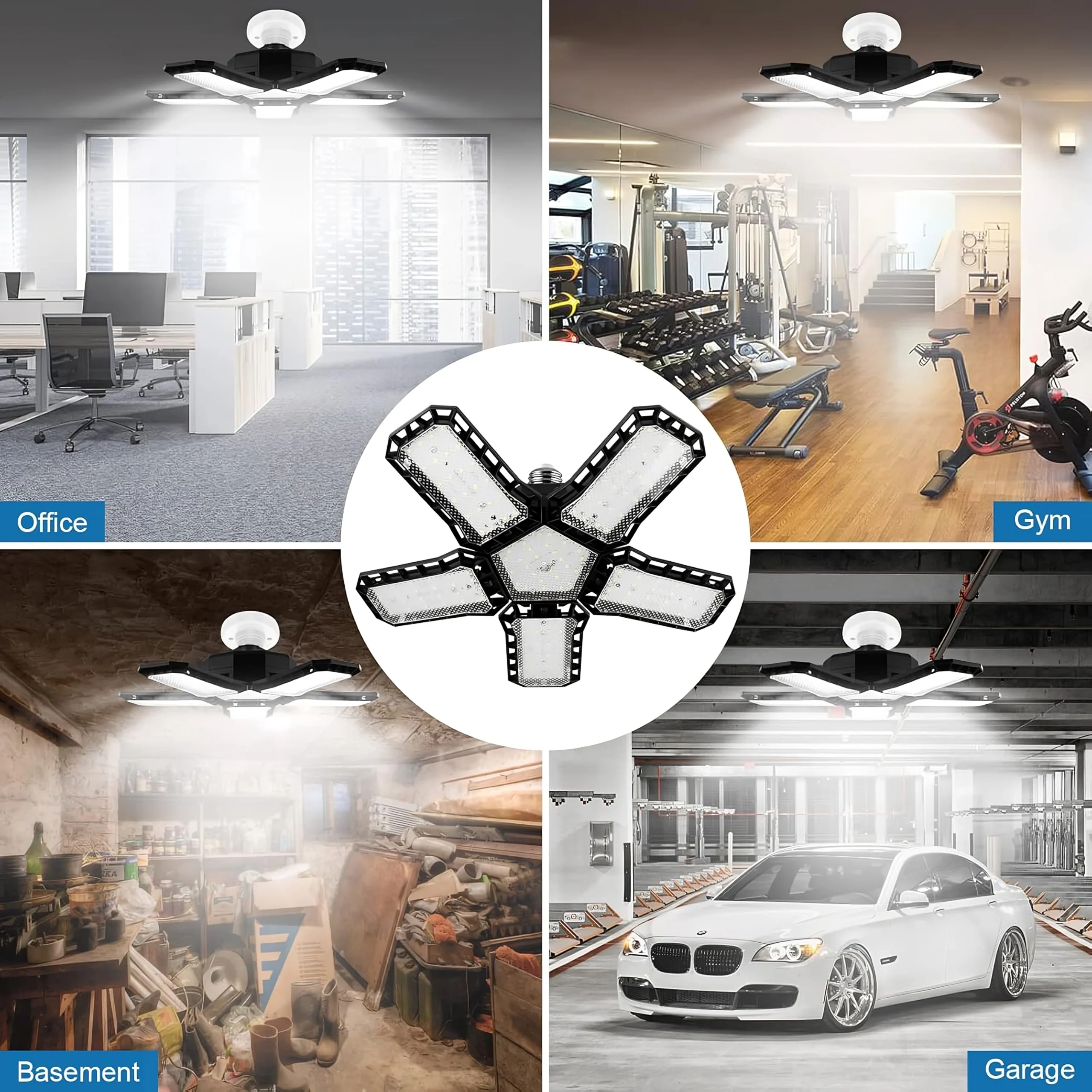 Lumière de Garage LED 5 En 1 Déformable 120W Éclairage Ultra-Lumineux avec Panneaux Réglables – E27 6500K