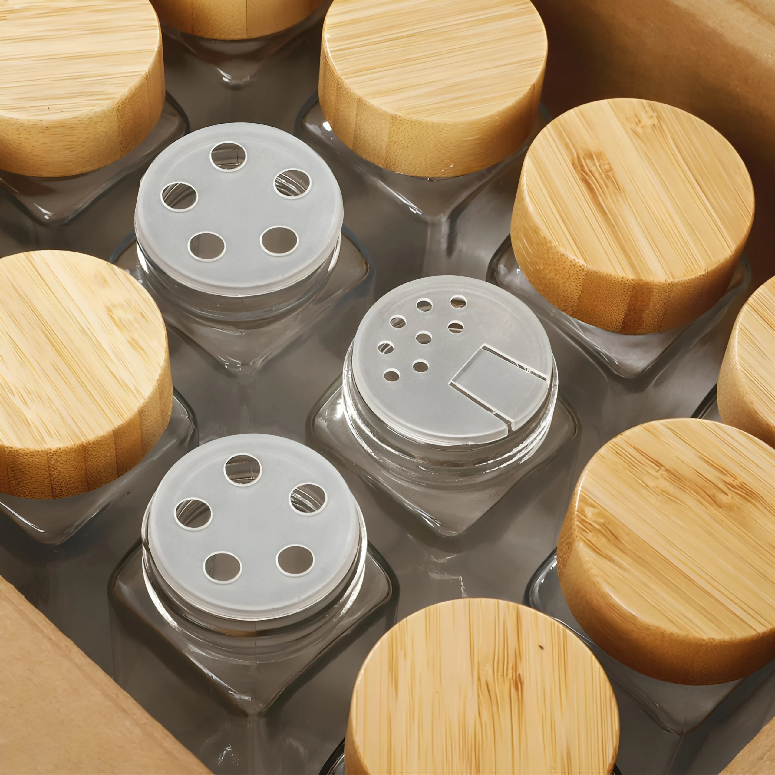 Set de 24 Pots à Épices en Verre avec Couvercles Bambou Pour Rangement Élégant Et Hermétique