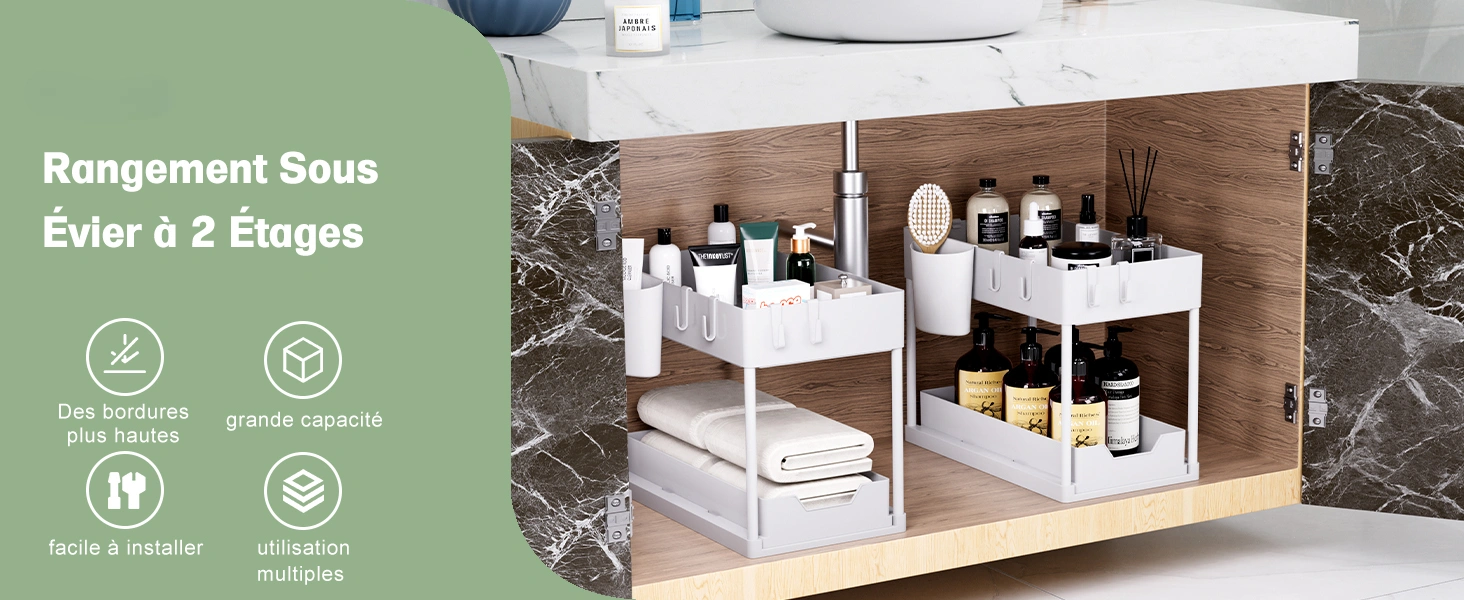 Organisateur Sous Évier 2 Niveaux Avec Tiroirs Coulissants – Rangement Cuisine & Salle De Bain Multifonction