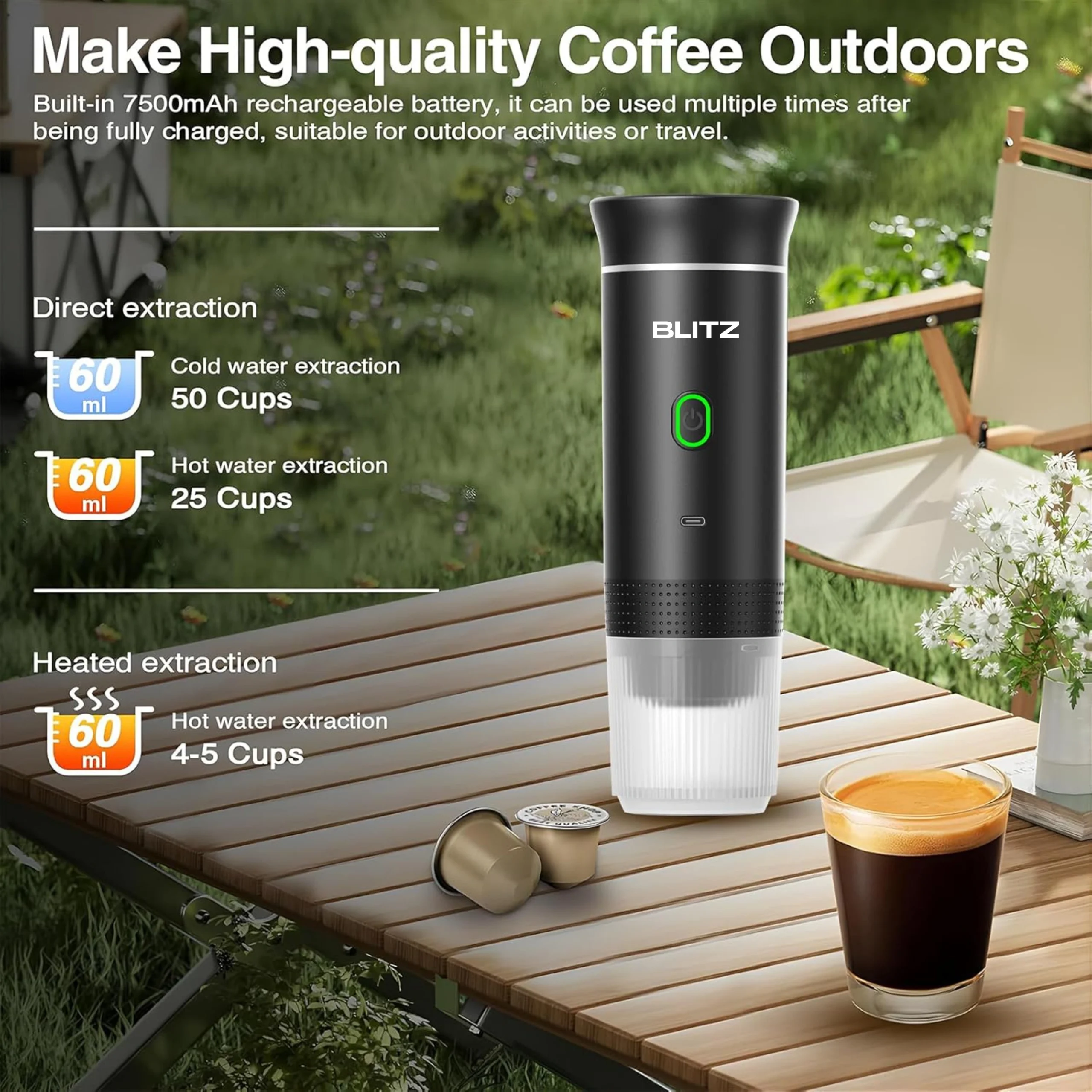 Blitz® - 3 En 1 Machine à Café Espresso Portable Et Rechargeable Avec Chauffage Intégré