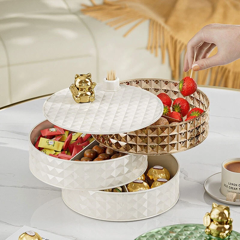 Boîte De Rangement Rotative à 360 ° Multi-Couches avec Couvercle Élégant pour Table Salon