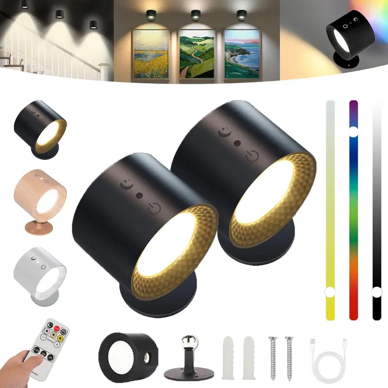 6en1 Applique LED Murale Sans Fil Rechargeable Avec Télécommande – Éclairage Tactile & Pivotant 360°