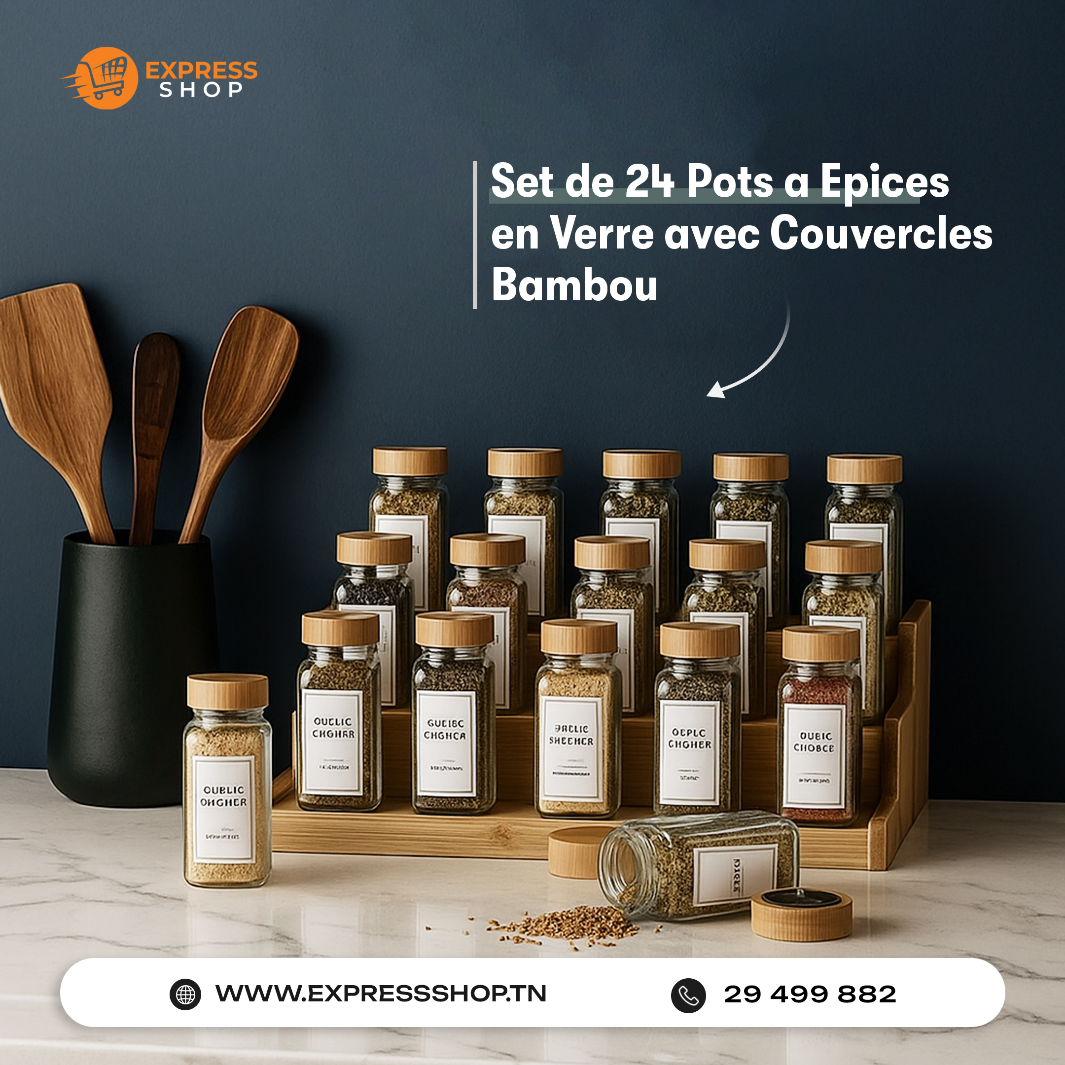 Set de 24 Pots à Épices en Verre avec Couvercles Bambou Pour Rangement Élégant Et Hermétique Set de 24 Pots à Épices en Verre avec Couvercles Bambou Pour Rangement Élégant Et Hermétique