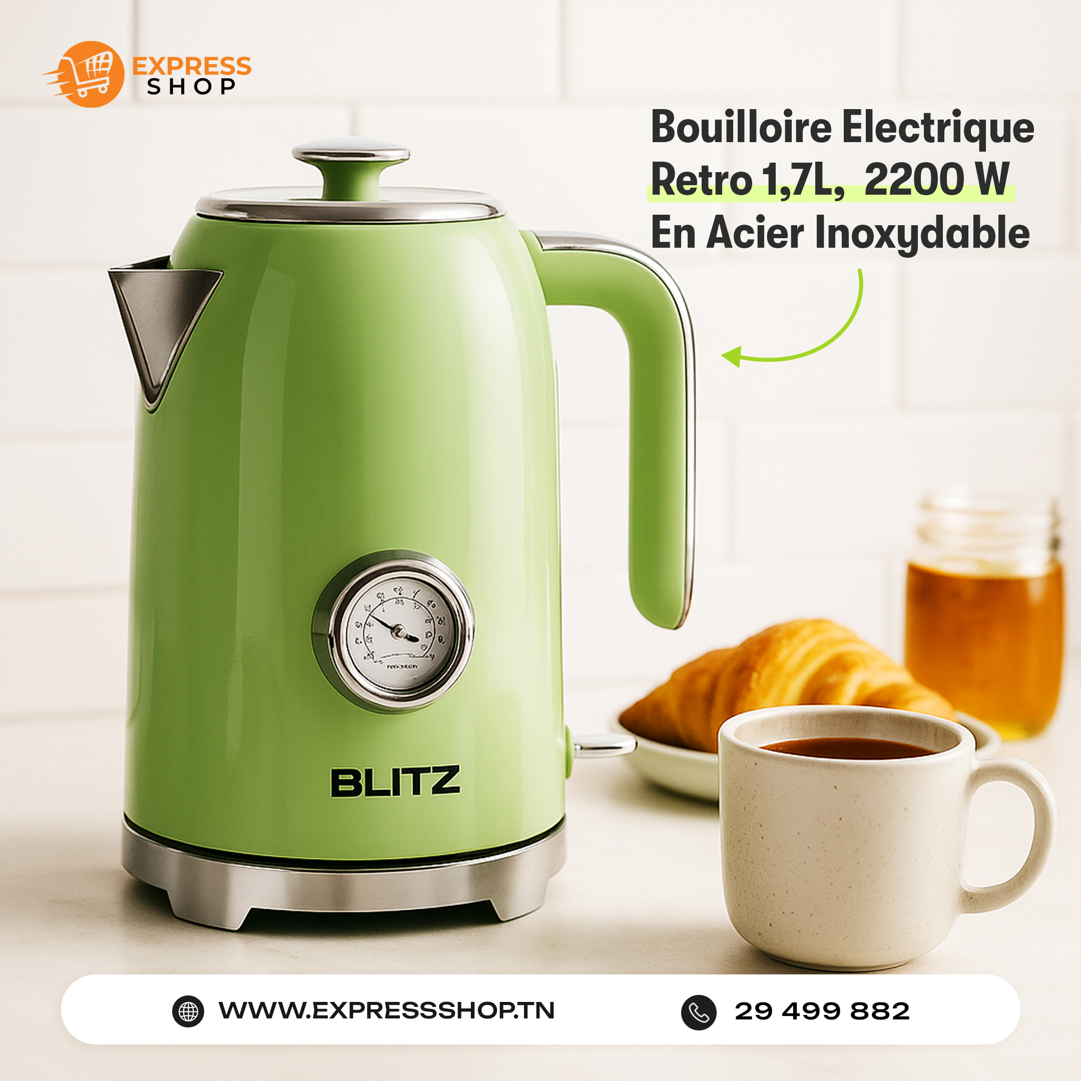 Blitz® - Bouilloire Électrique Rétro En Acier Inoxydable À Ébullition Rapide De 2200 W Et Capacité De 1,7L (Vert Vintage)