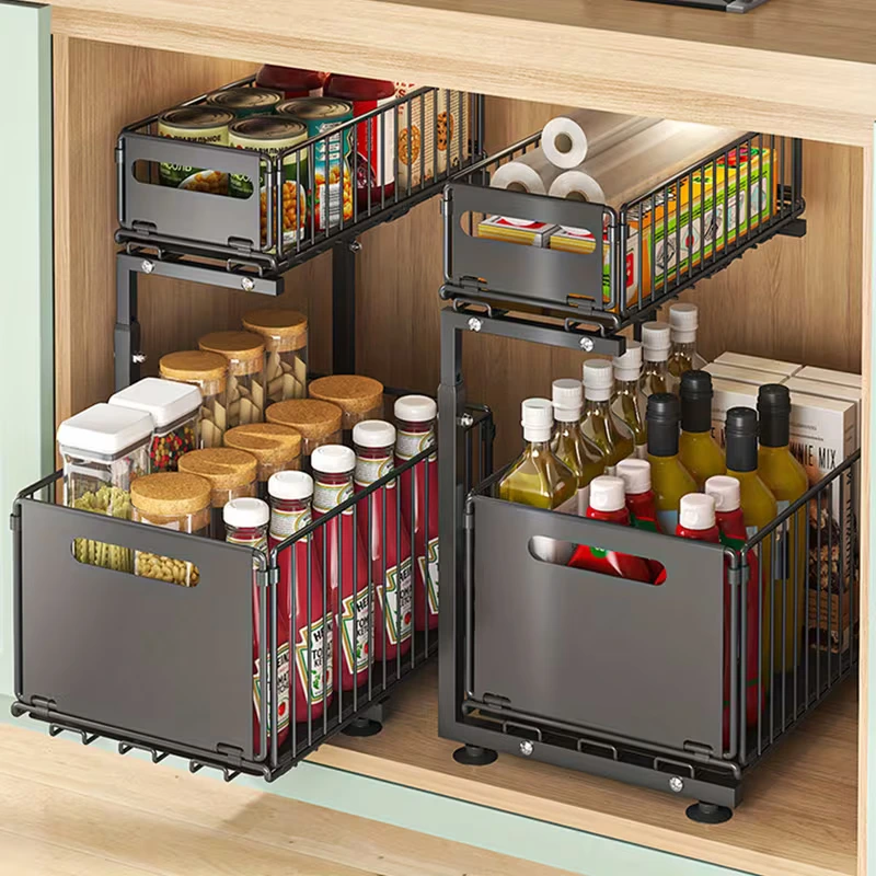 BNBR-1 - 5en1 Multifonction Organisateur Coulissant INOX pliable Sous Évier 2 Niveaux –  Cuisine Salle de Bain