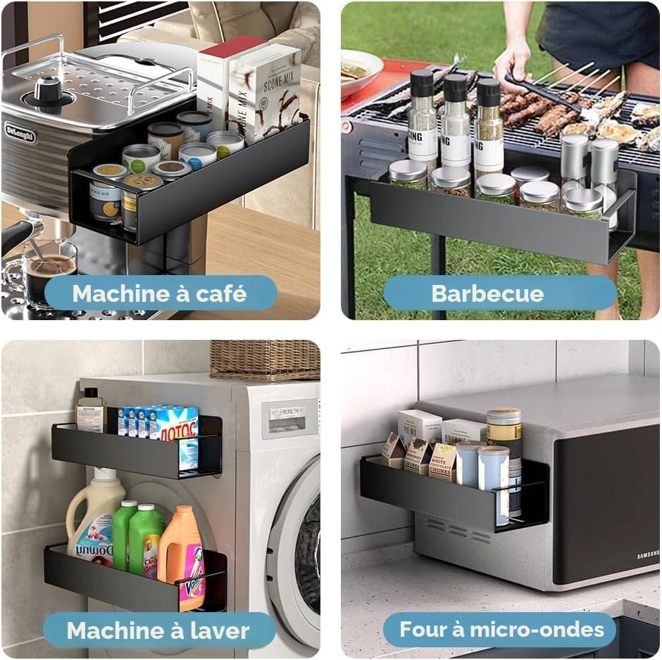 BNBR-8 - Lot de 4 Étagères Magnétiques INOX avec Crochets Rangement Pratique Cuisine Salle de Bain Réfrigérateur